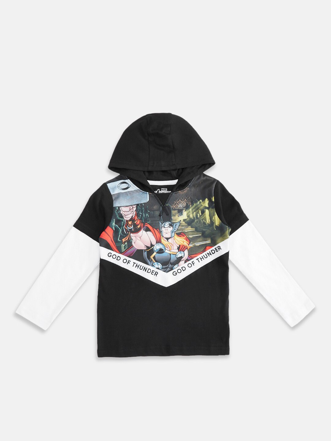 

Pantaloons Junior Boys Avengers Printed Hooded Cotton T-shirt, Black
