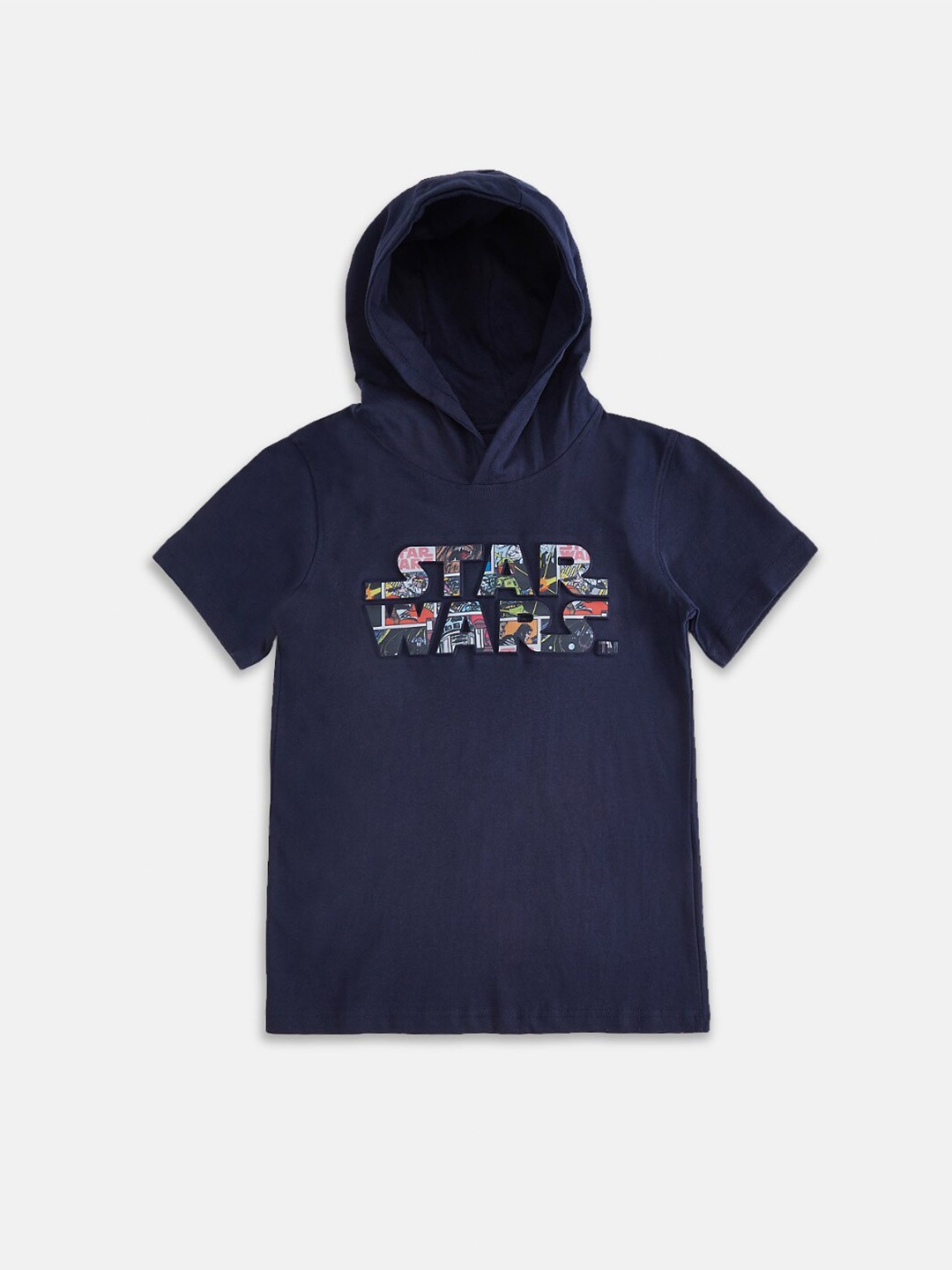

Pantaloons Junior Boys Typography Printed Hooded Neck Cotton T-Shirt, Navy blue