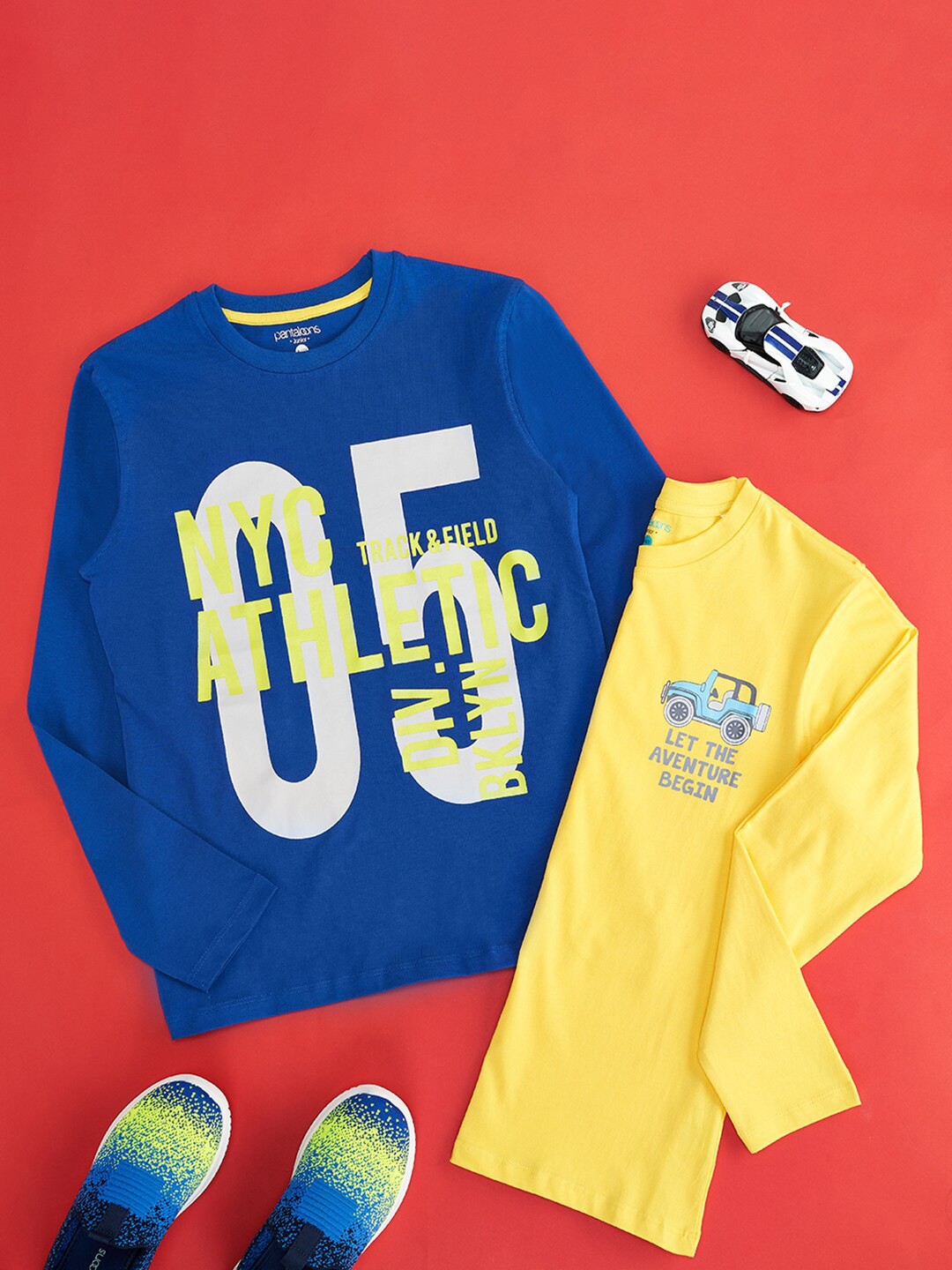 

Pantaloons Junior Boys Pack Of 2 Typography Printed Cotton T-shirts, Blue