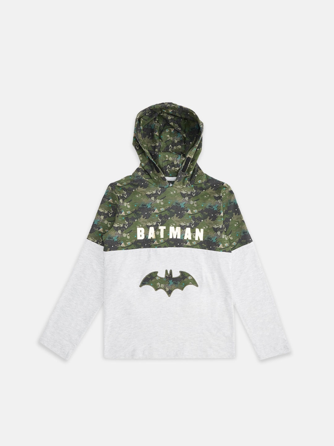

Pantaloons Junior Boys Graphic Batman Printed Hooded Cotton T-Shirt, Grey melange
