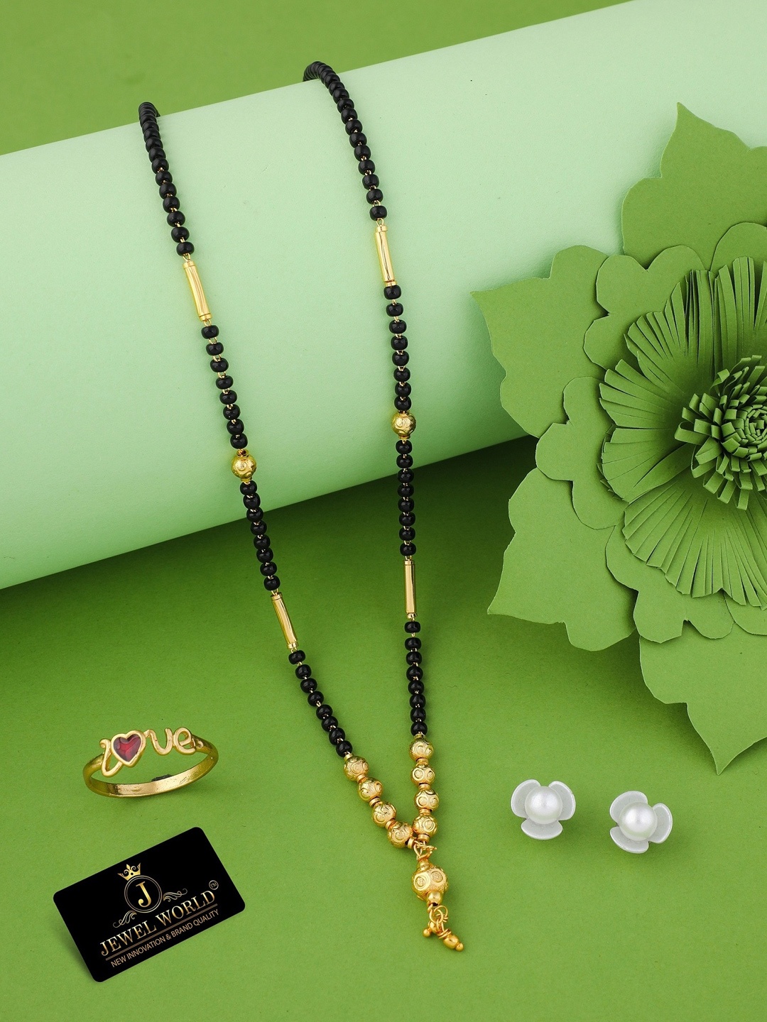 

JEWEL WORLD Set Of 3 Gold-Plated Stone Studded & Beaded Mangalsutra & Earring With Ring