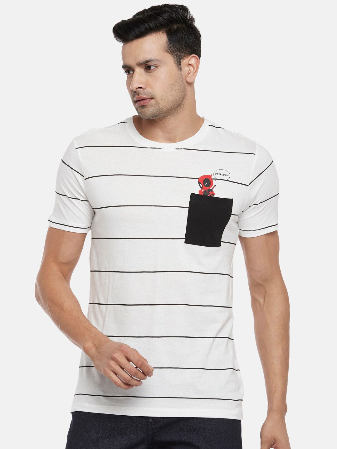 

SF JEANS by Pantaloons Striped Slim Fit Cotton T-shirt, White