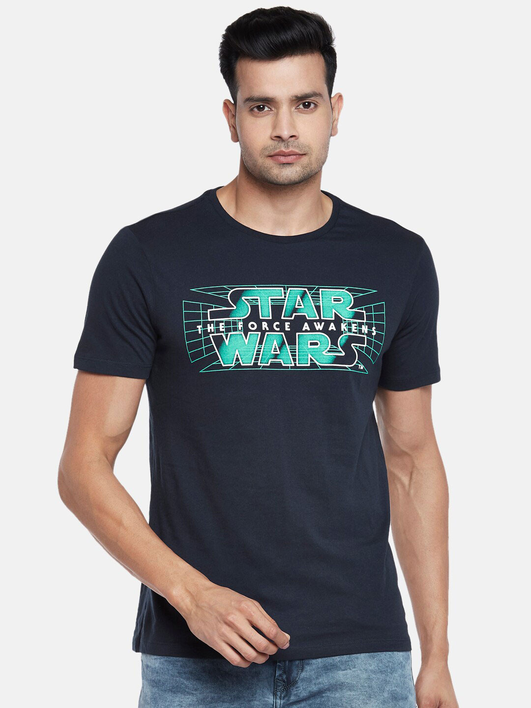 

SF JEANS by Pantaloons Typography Printed Slim Fit Cotton T-shirt, Navy blue