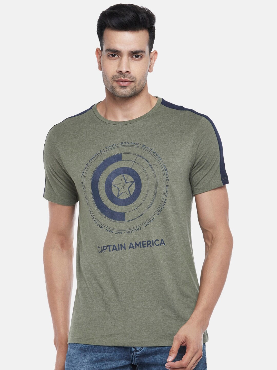 

SF JEANS by Pantaloons Captain America Printed Slim Fit Cotton T-shirt, Olive