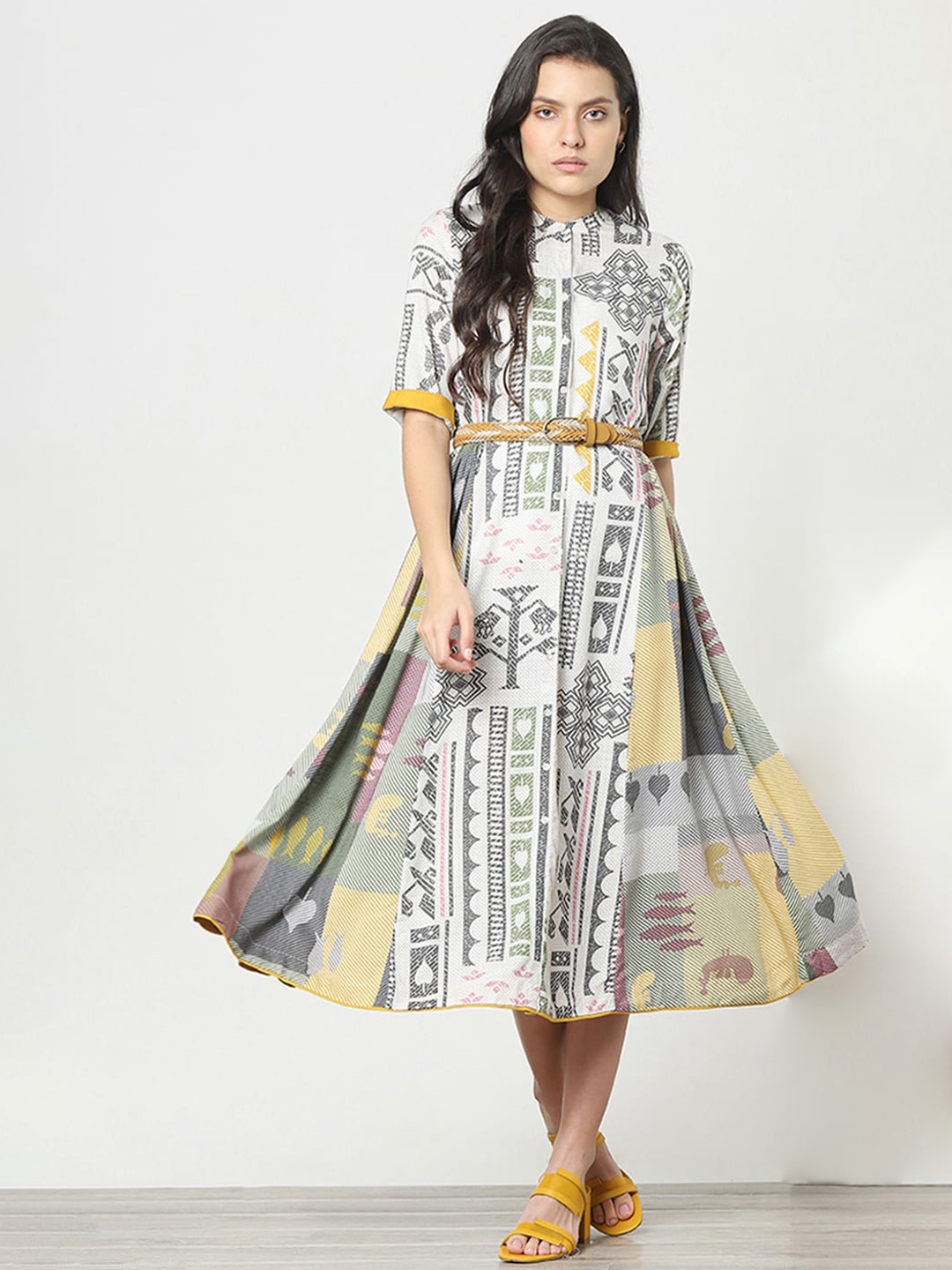 

Marigold Lane Abstract Printed Mandarin Collar Neck & Belted Detailed Fit & Flare Dress, Off white