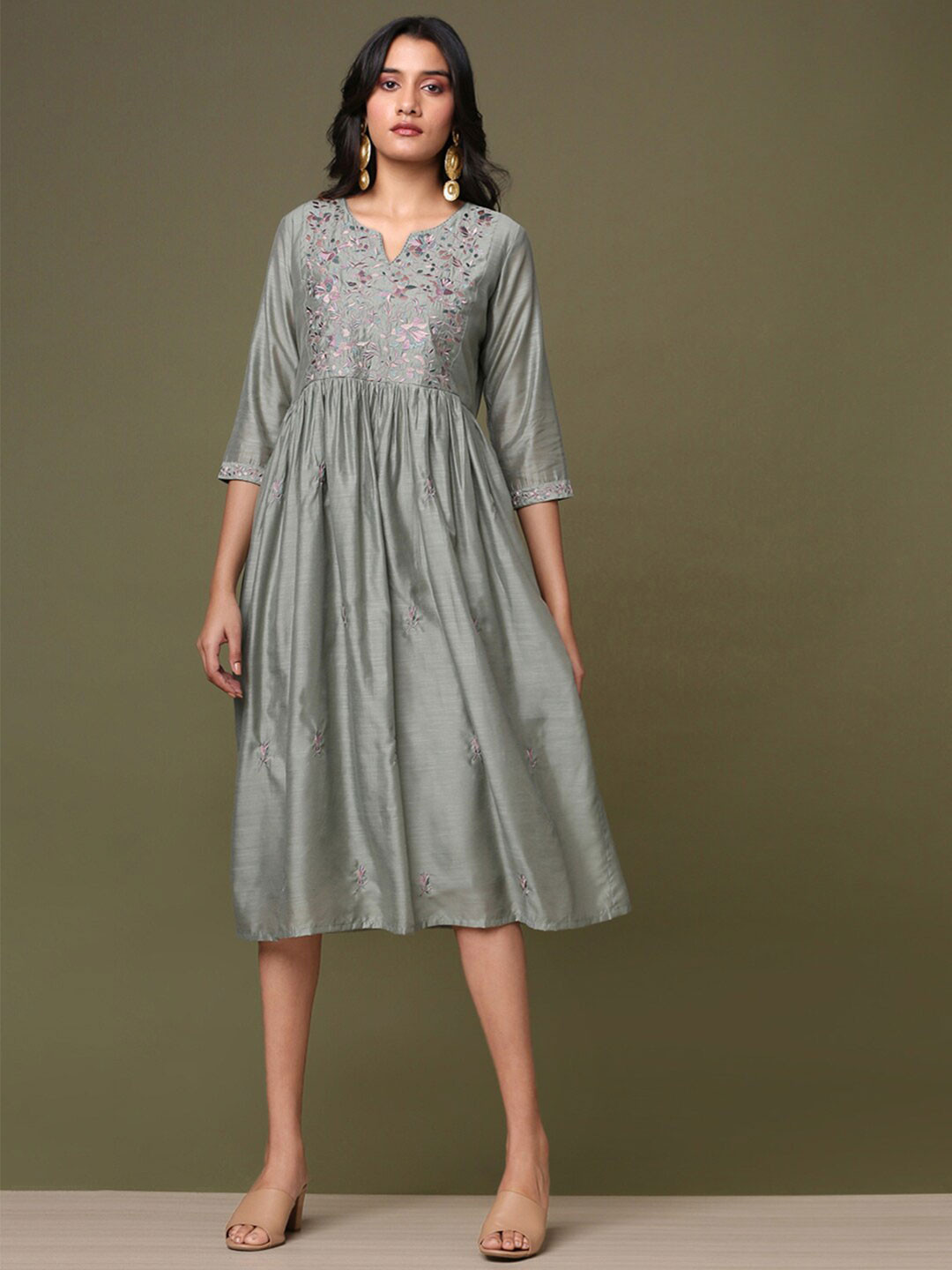 

Marigold Lane Floral Embroidered Fit And Flare Midi Dress, Grey