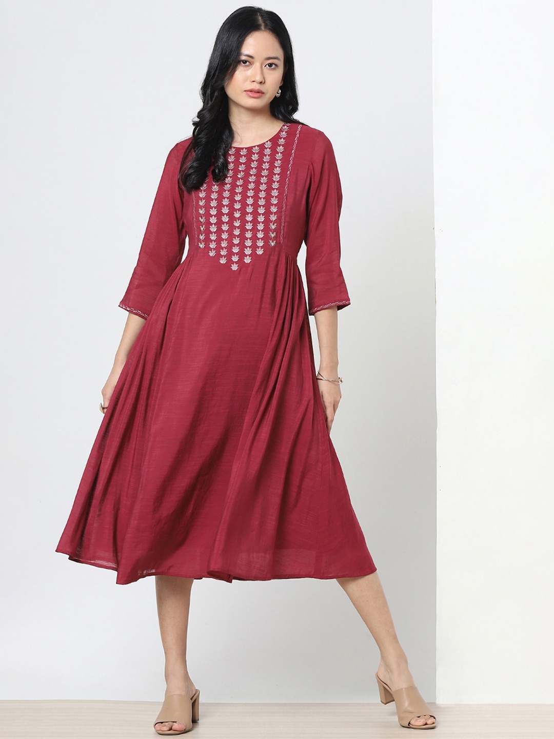 

Marigold Lane Ethnic Embroidered Fit & Flare Midi Dress, Maroon