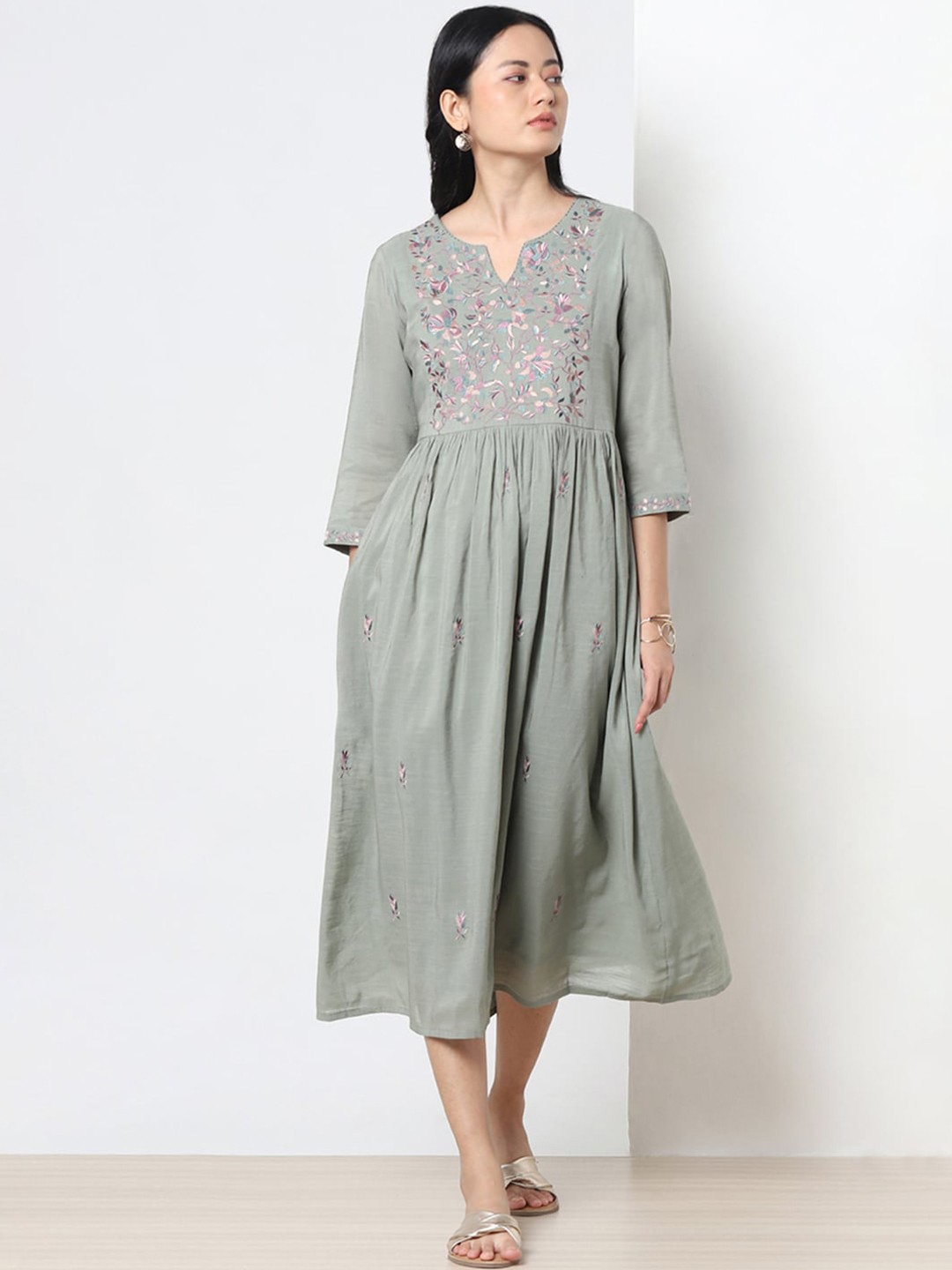 

Marigold Lane Floral Embroidered Fit & Flare Midi Dress, Green