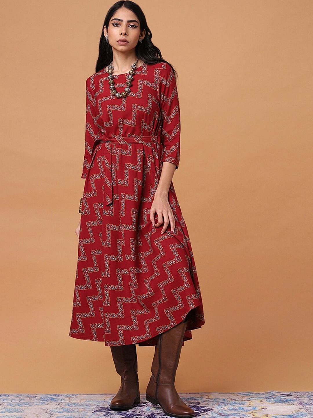 

Marigold Lane Ethnic Motifs Printed Fit & Flare Midi Dress With Belt, Maroon