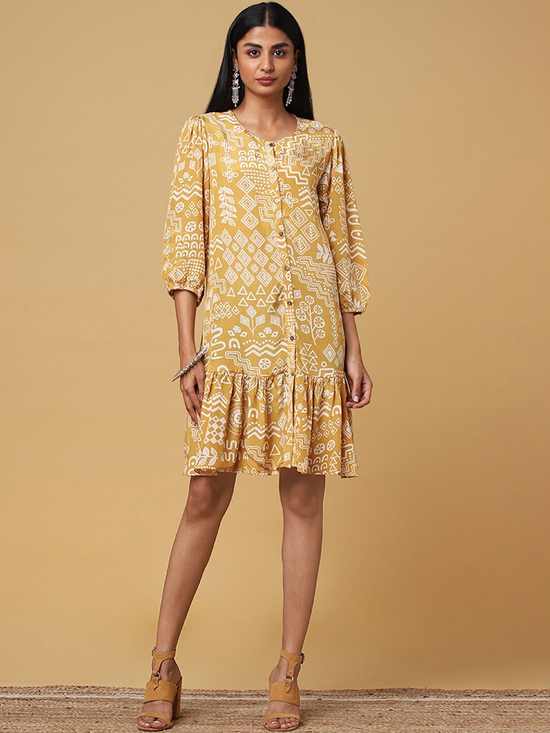 

Marigold Lane Floral Printed Puff Sleeve A-Line Dress, Mustard