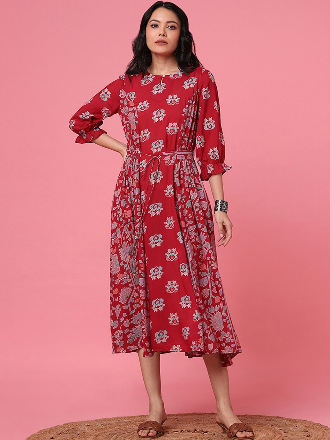 

Marigold Lane Ethnic Motifs Printed A-Line Midi Dress With Belt, Maroon