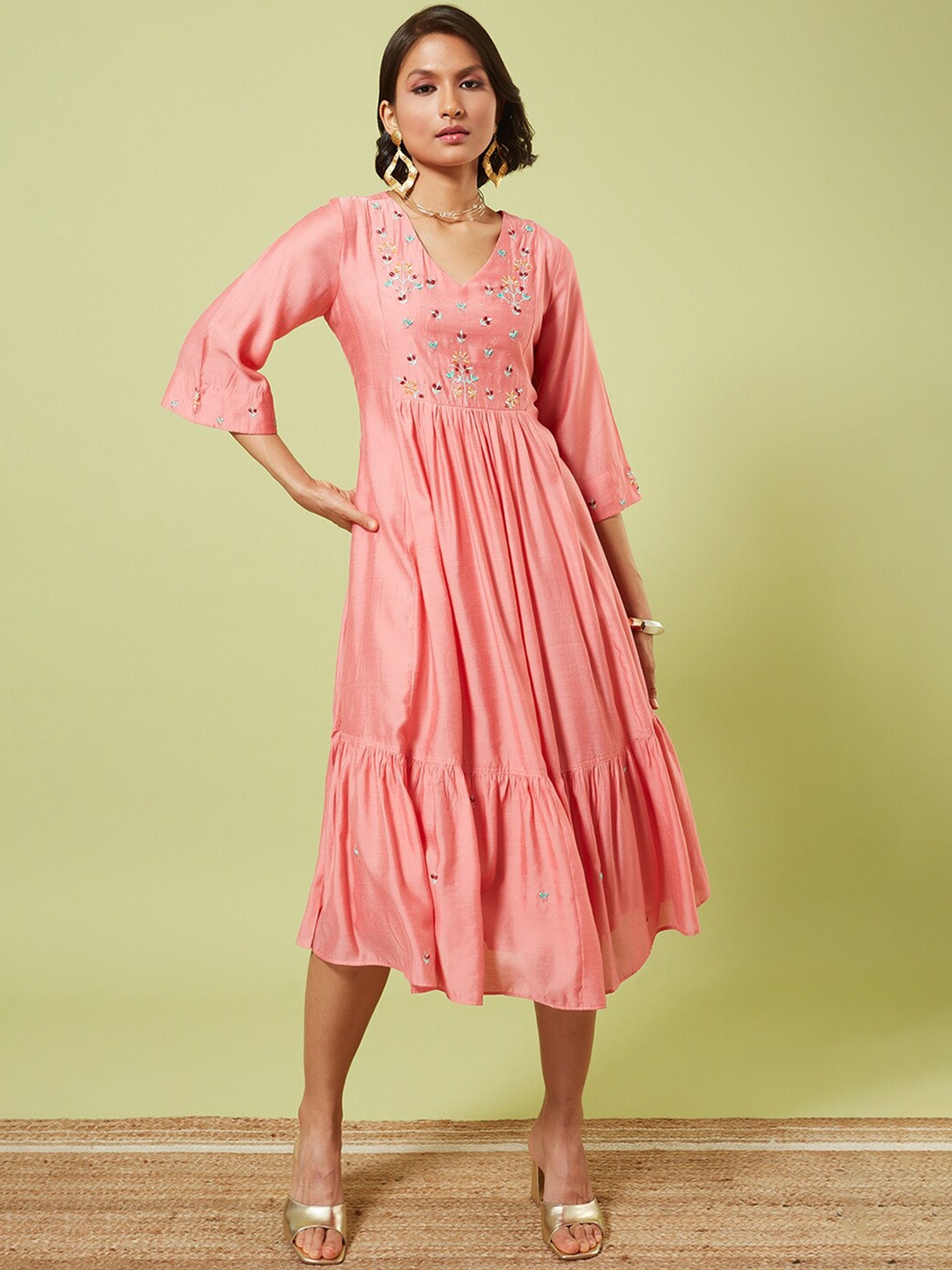 

Marigold Lane Floral Embroidered Fit And Flare Midi Ethnic Dress, Pink