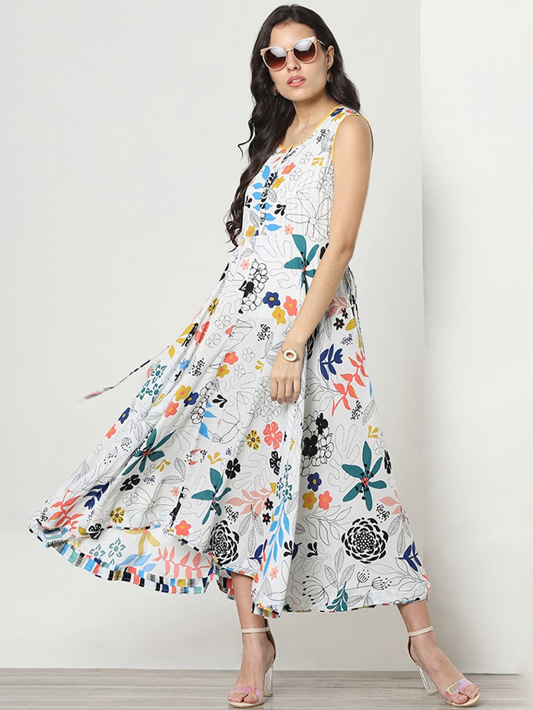 

Marigold Lane Floral Print Sleeveless A-Line Midi Dress, White