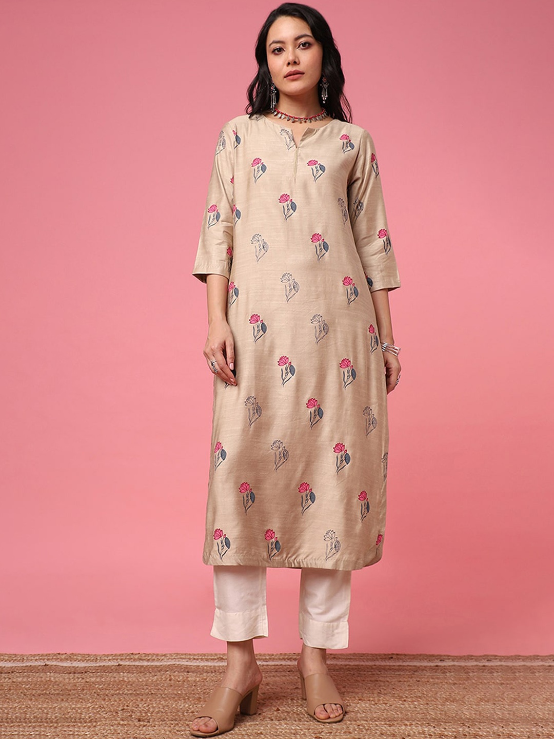 

Marigold Lane Ethnic Motifs Printed Round Notched Neck Kurta, Beige