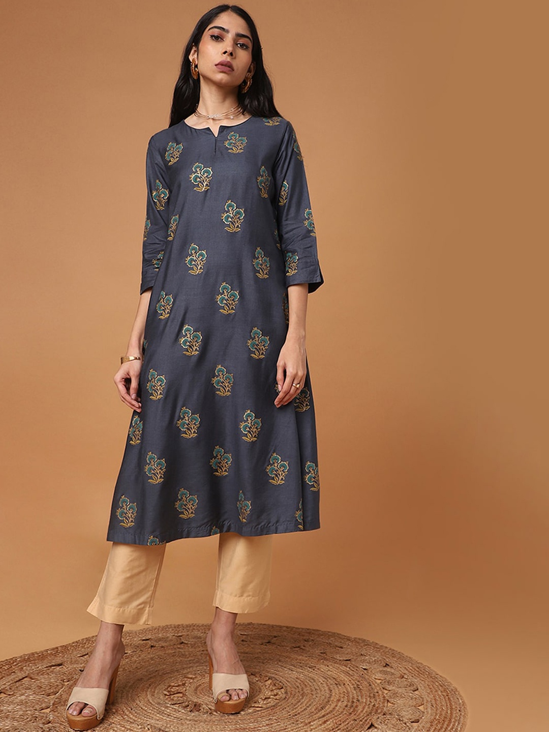 

Marigold Lane Ethnic Motifs Printed A-Line Kurta, Navy blue