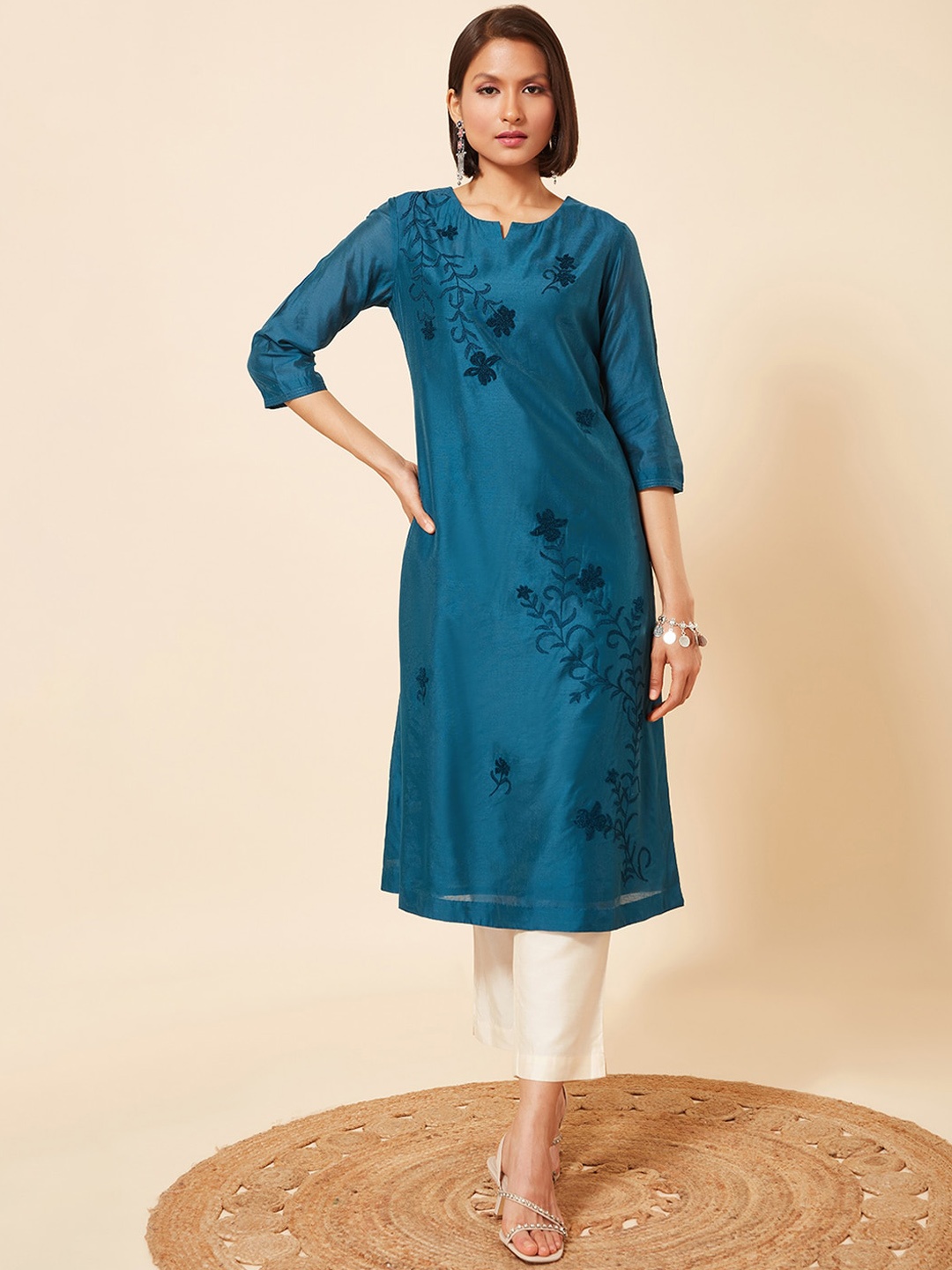 

Marigold Lane Floral Embroidered Thread Work A-Line Kurta, Teal