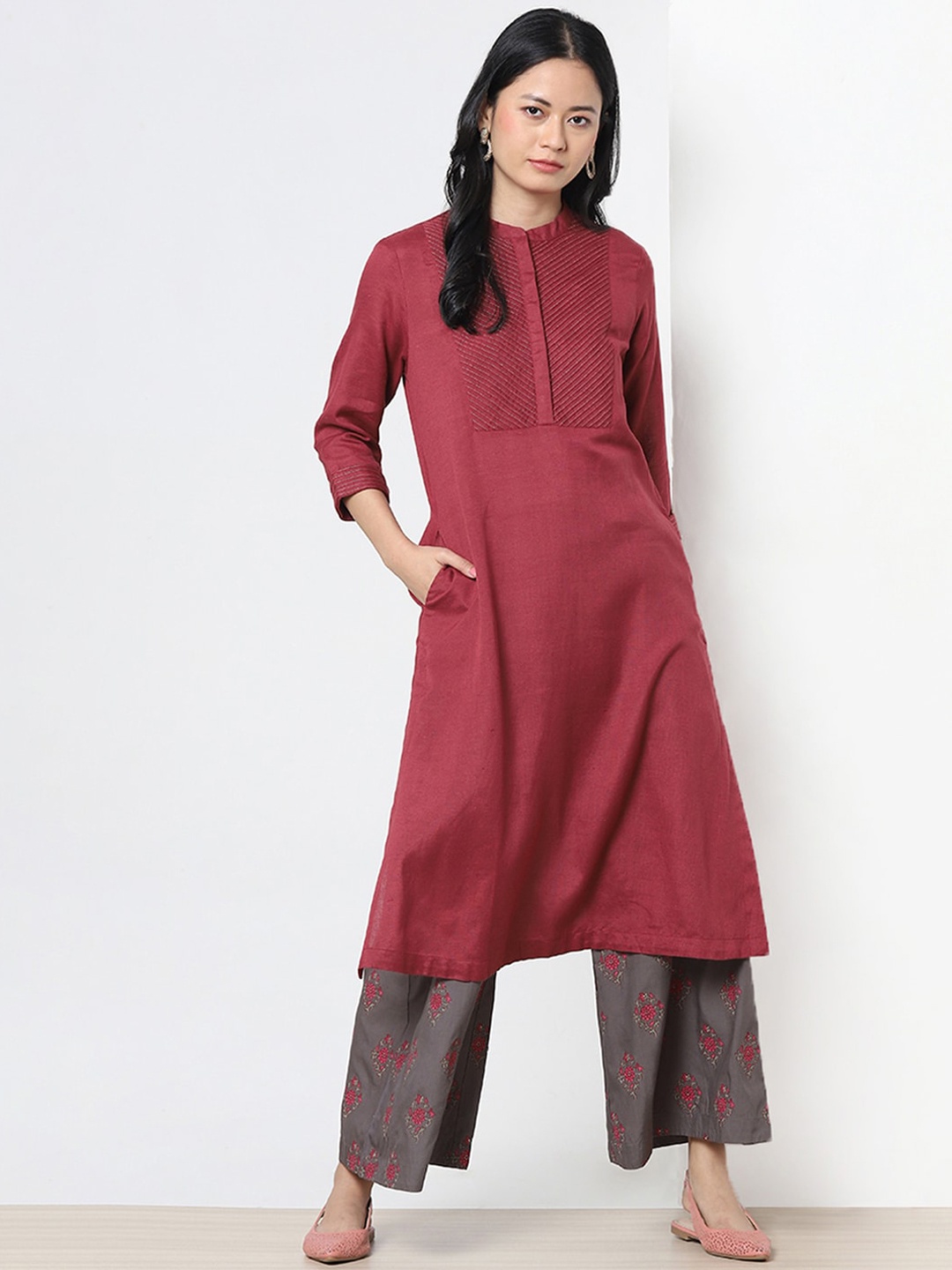 

Marigold Lane Yoke Design Band Collar A-Line Kurta, Maroon