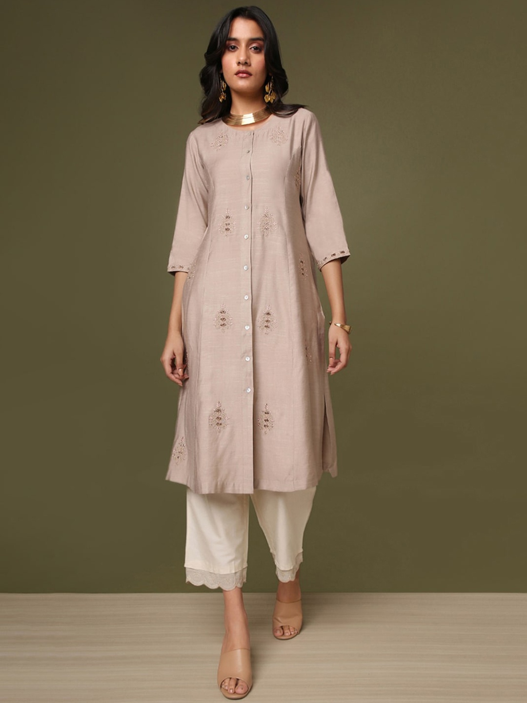 

Marigold Lane Ethnic Motifs Embroidered A-Line Kurta, Beige