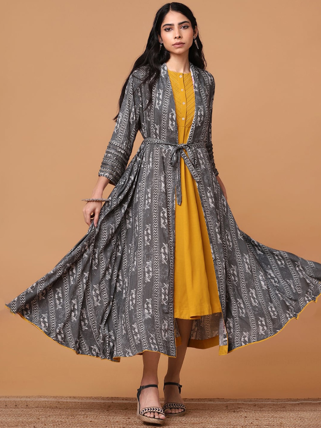 

Marigold Lane Geometric Printed Flared Anarkali Kurta, Grey