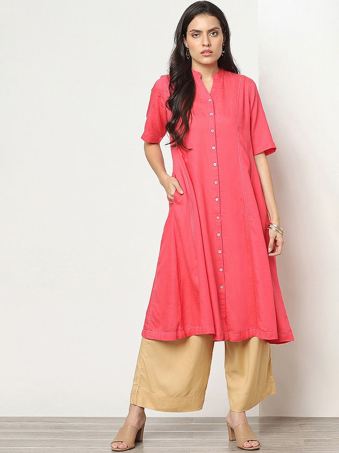 

Marigold Lane Mandarin Collar Thread Work A-Line Kurta, Coral