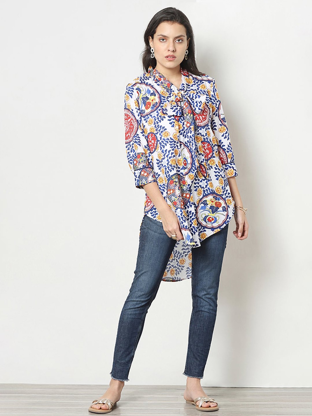 

Marigold Floral Printed Tie-Up Neck Shirt Style Top, White