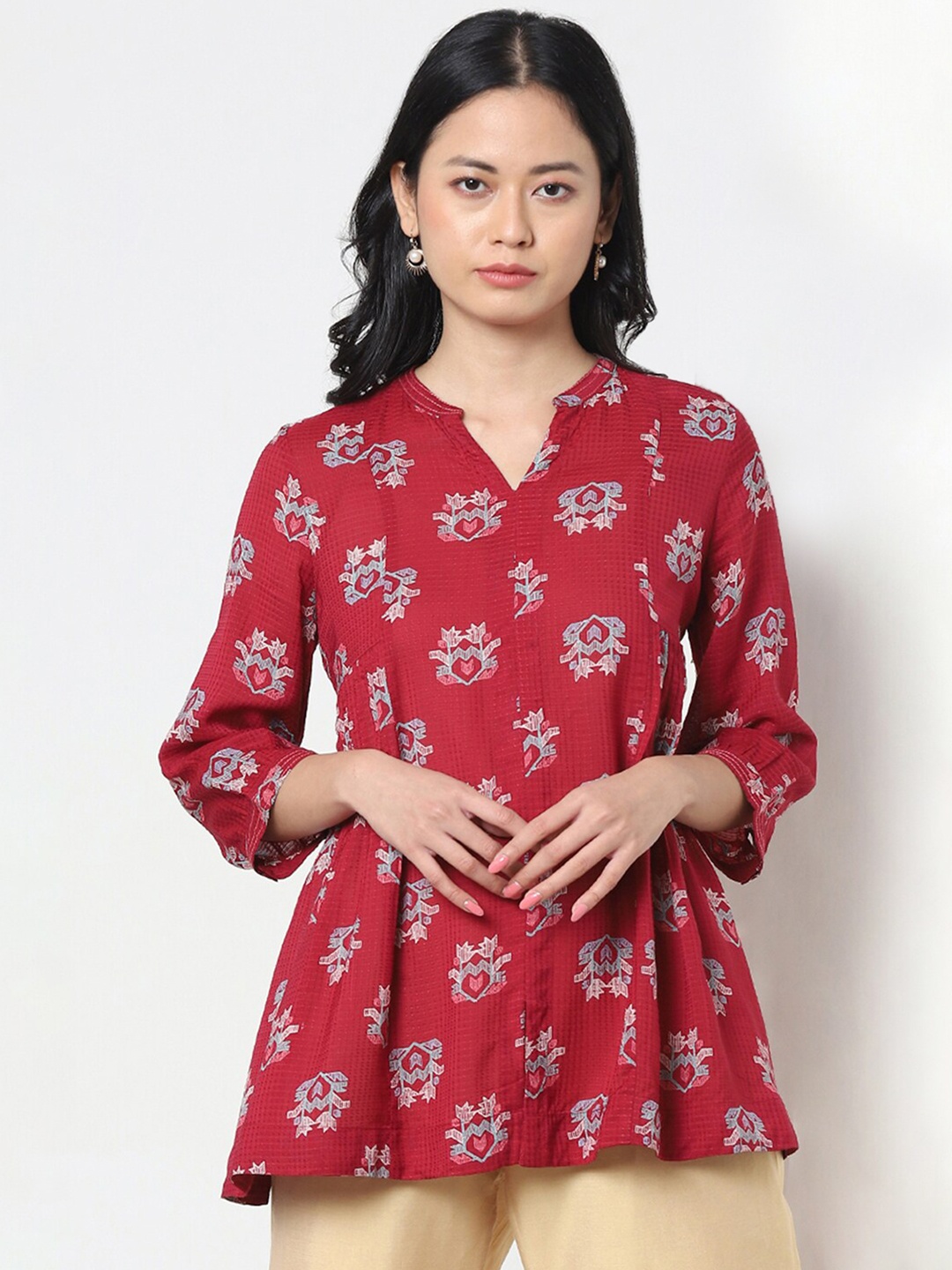 

Marigold Lane Floral Printed Mandarin Collar A-Line Top, Maroon