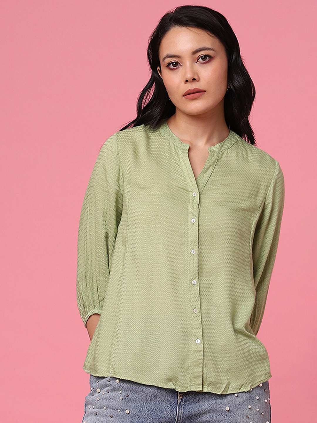 

Marigold Lane Striped Mandarin Collar Shirt Style Top, Green