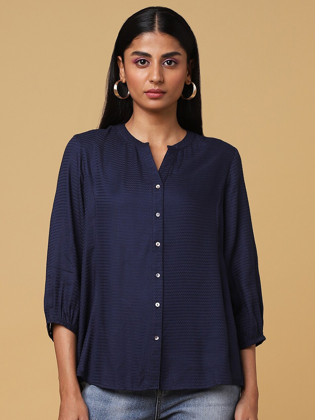 

Marigold Lane Self Design Mandarin Collar Shirt Style Top, Navy blue