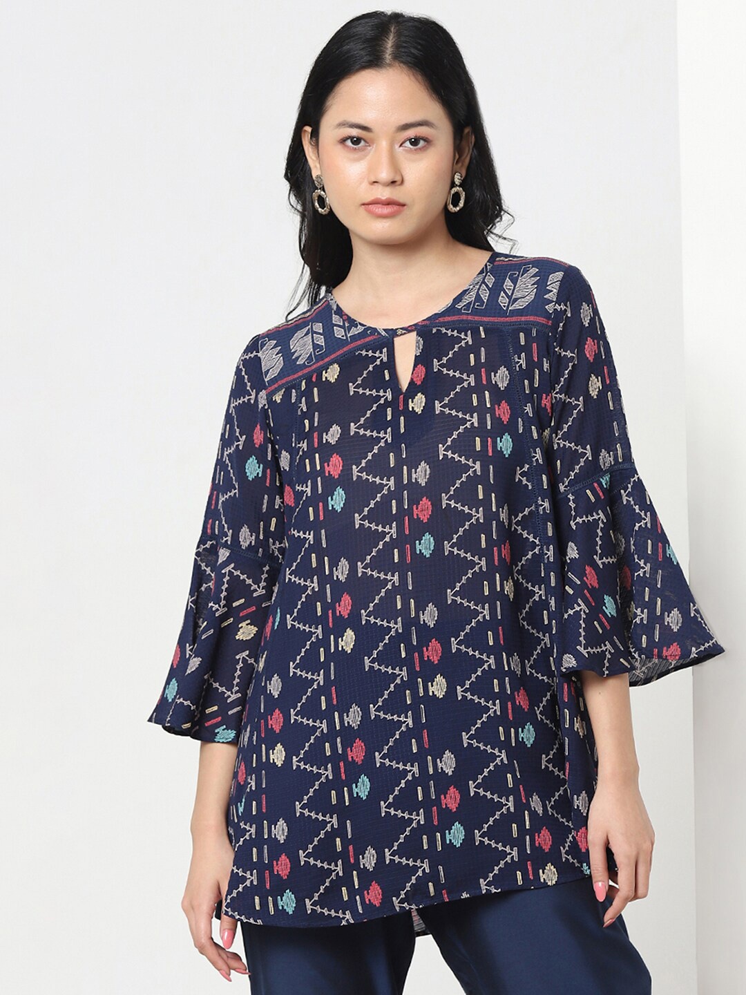 

Marigold Lane Geometric Printed Bell Sleeves Longline A-Line Top, Navy blue