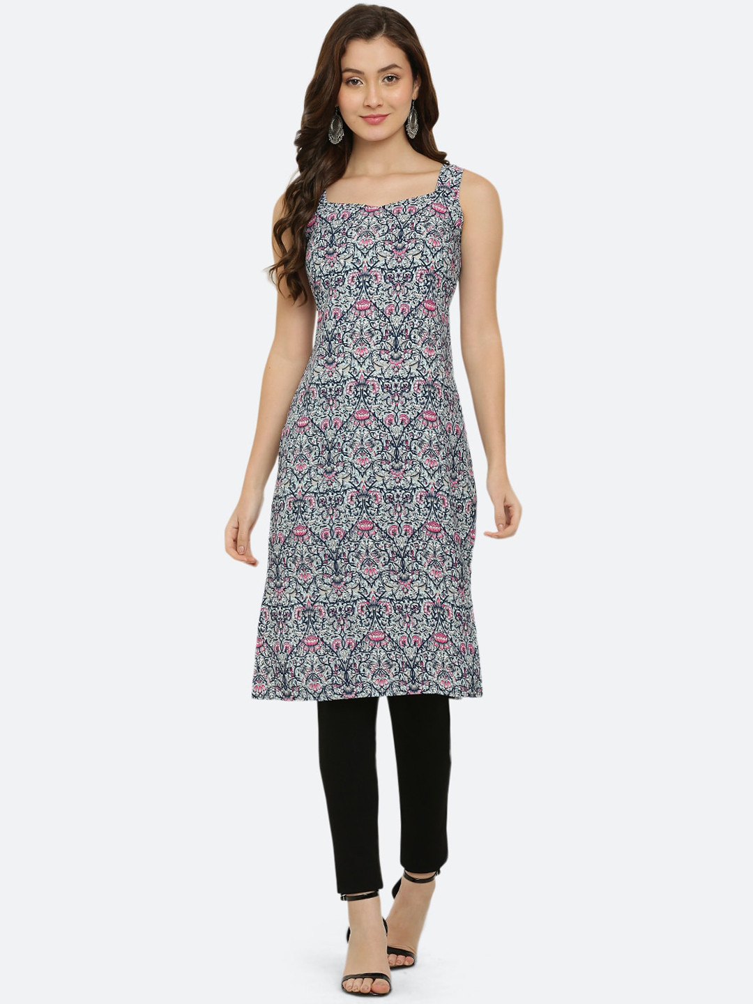 

VESICLE Ethnic Motifs Printed Sleeveless Kurta, Blue