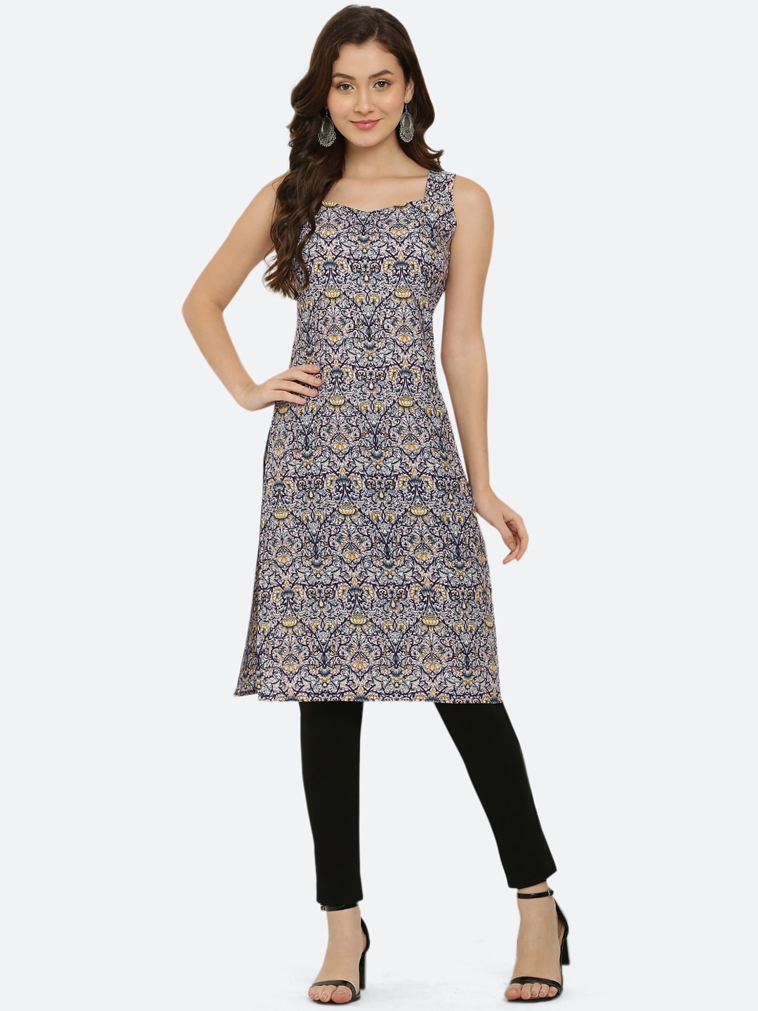 

VESICLE Shoulder Straps Ethnic Motifs Printed Straight Crepe Kurta, Pink