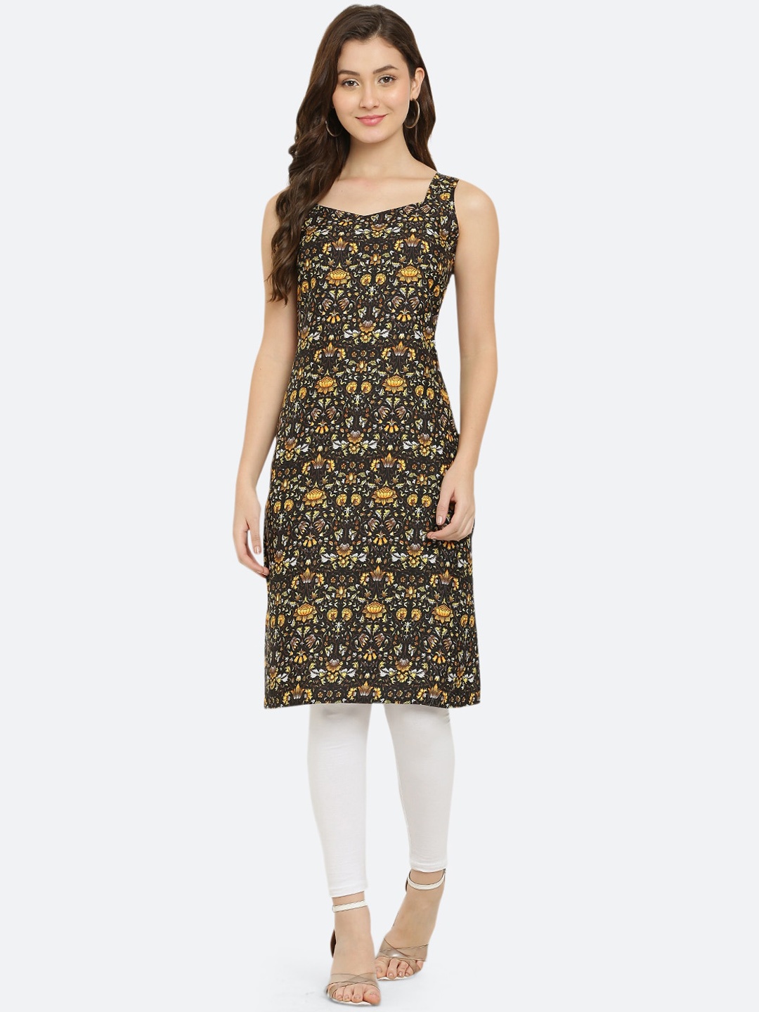 

VESICLE Ethnic Motifs Printed Sleeveless Kurta, Black