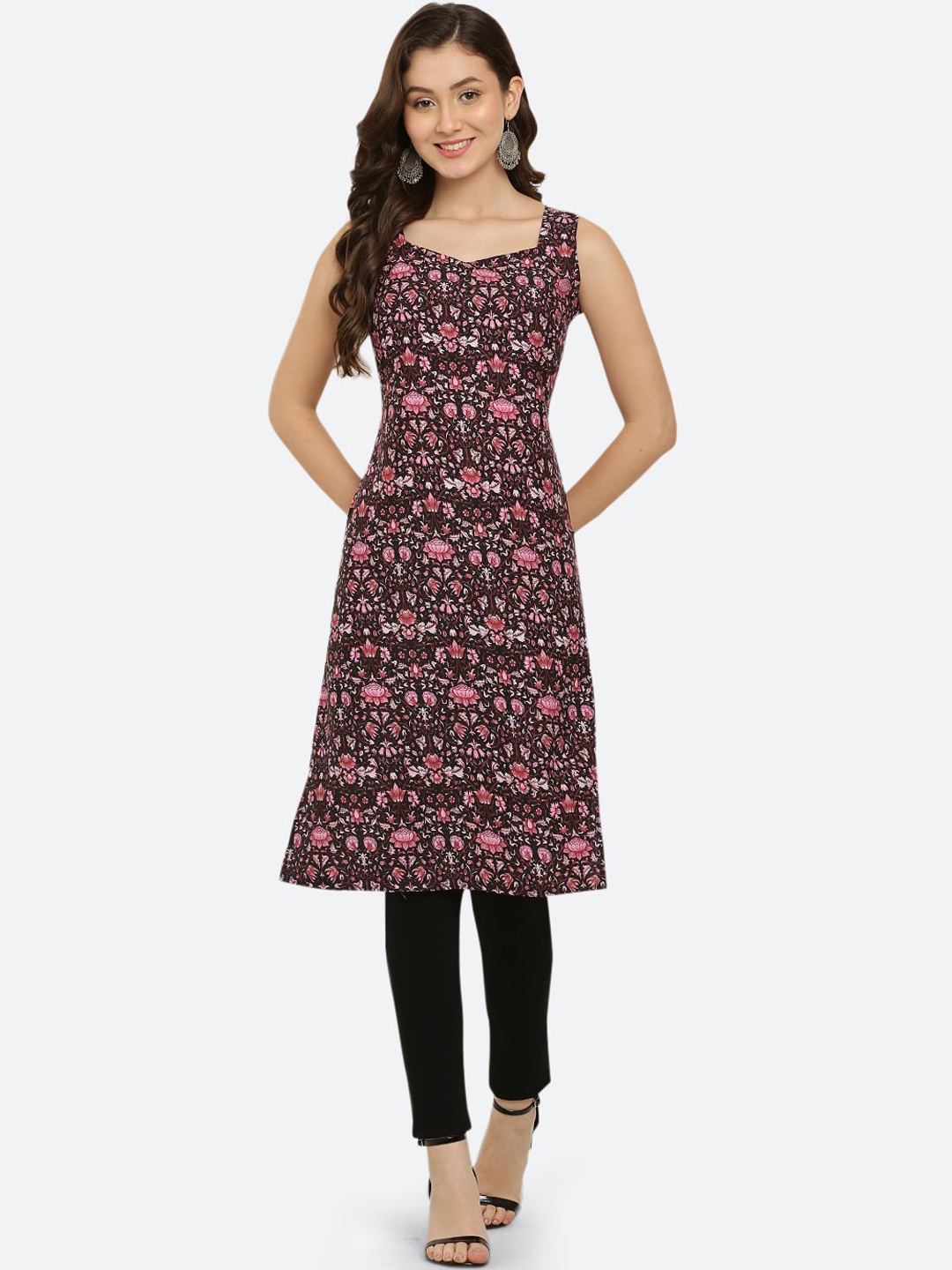 

VESICLE Ethnic Motifs Printed Thread Work Crepe Straight Kurta, Black