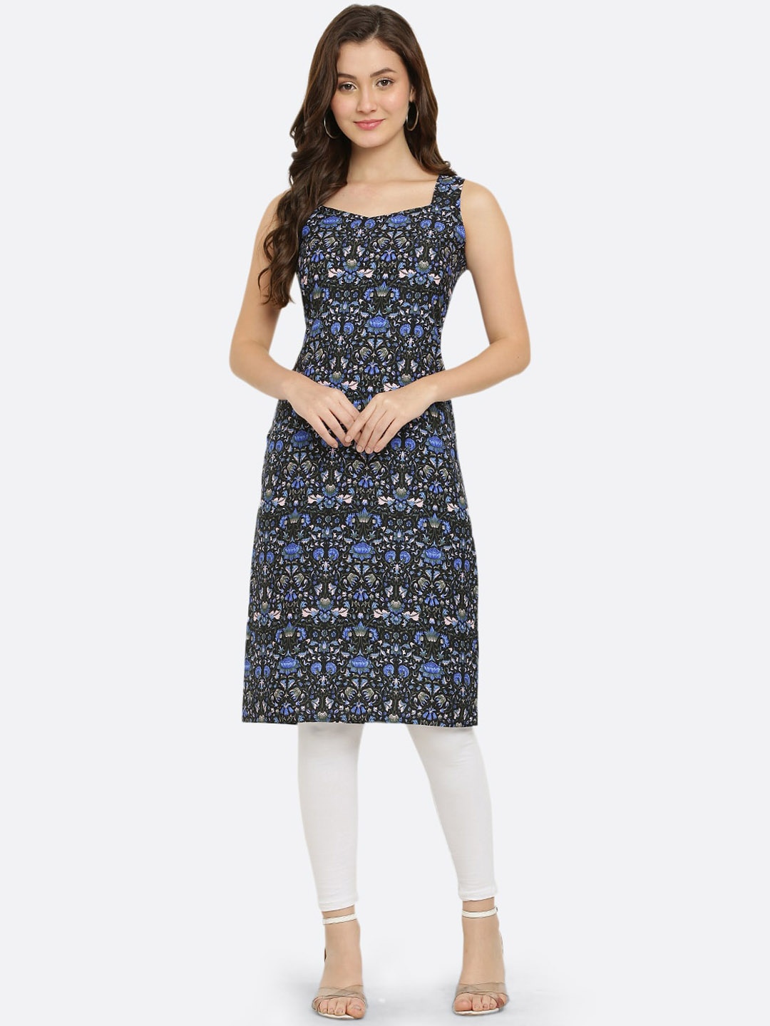 

VESICLE Ethnic Motifs Printed Sleeveless Kurta, Black