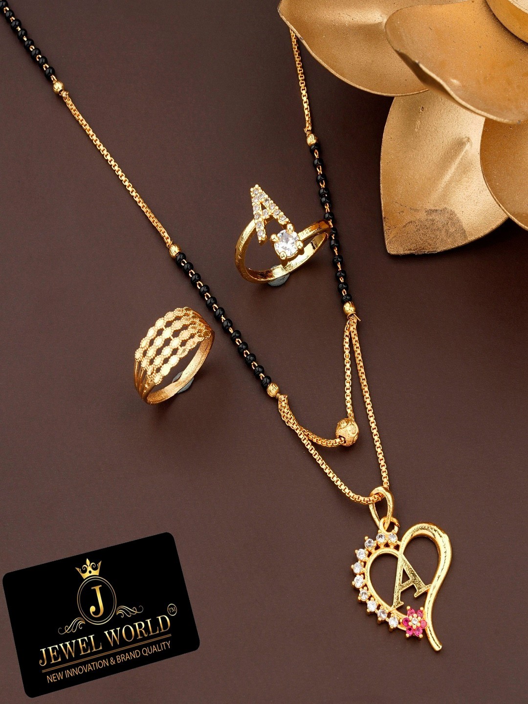 

JEWEL WORLD Set Of 3 Gold-Plated Stone Studded & Beaded Mangalsutra With Ring