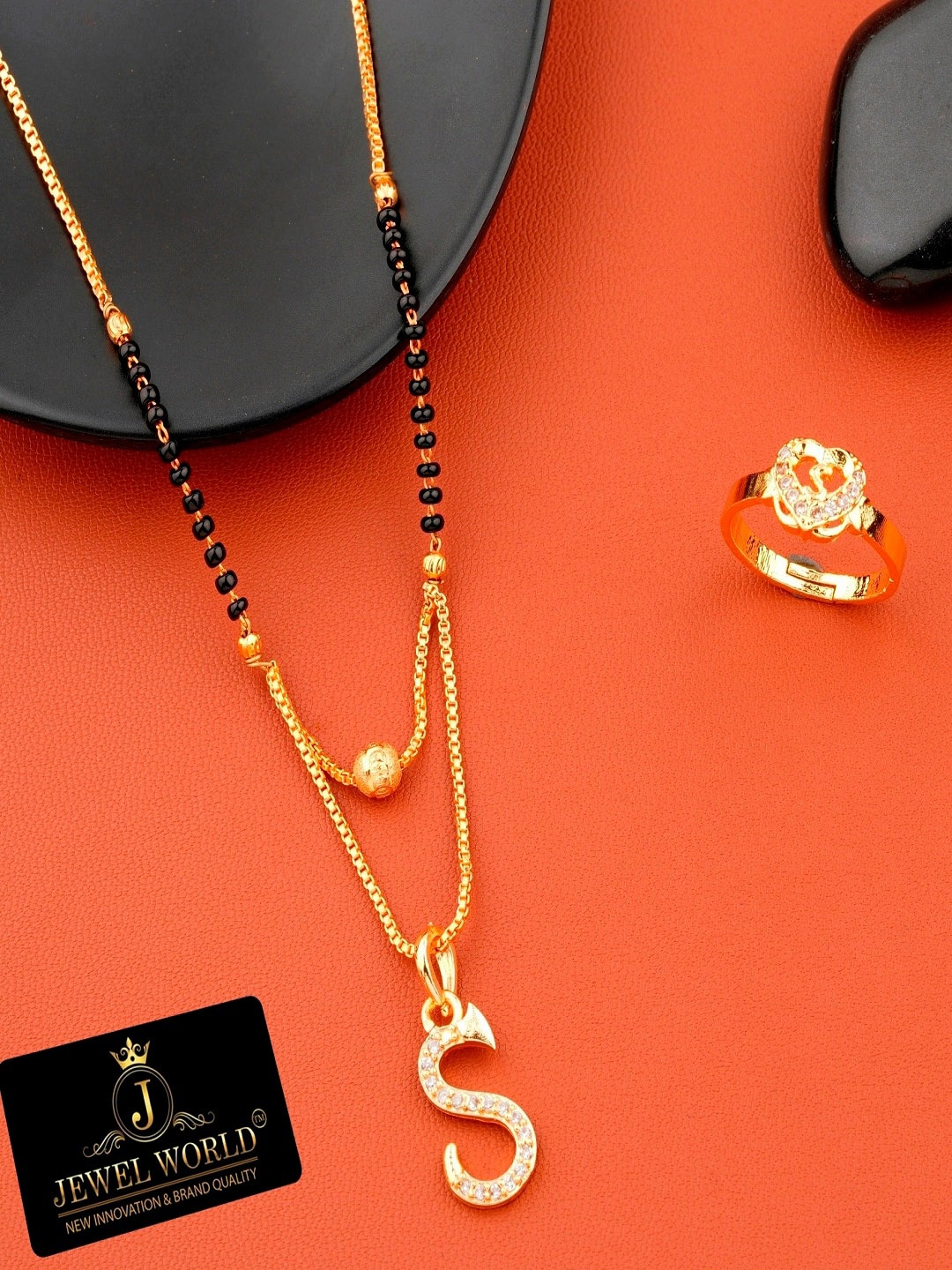 

JEWEL WORLD Set Of 2 Gold-Plated Stone Studded & Beaded Mangalsutra With Ring