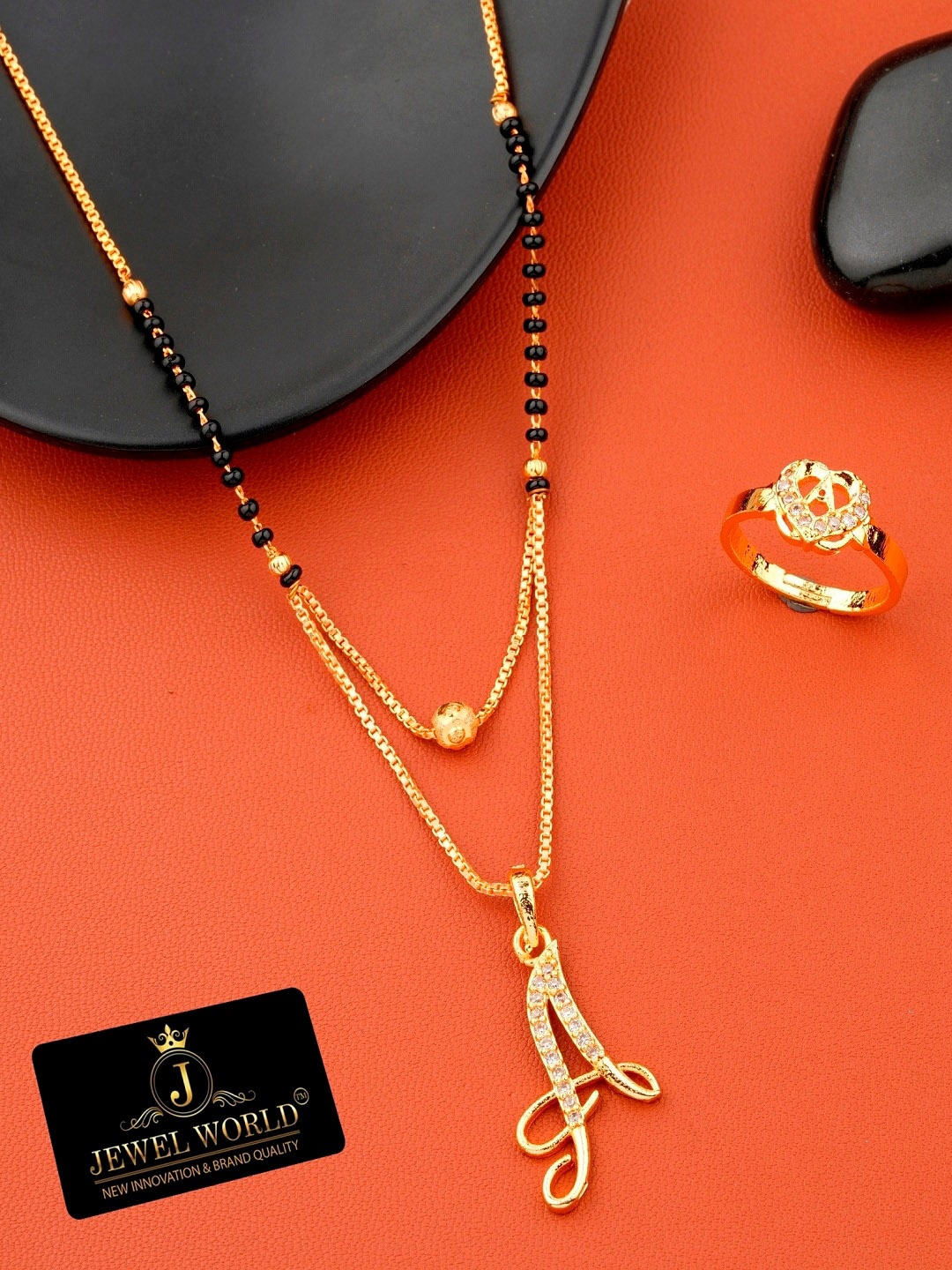 

JEWEL WORLD Set Of 2 Gold-Plated Stone Studded & Beaded Mangalsutra With Ring