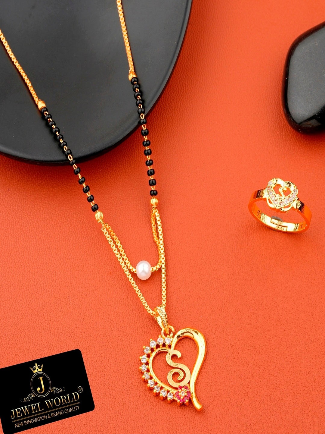 

JEWEL WORLD Set Of 2 Gold-Plated Stone Studded & Beaded Mangalsutra With Ring