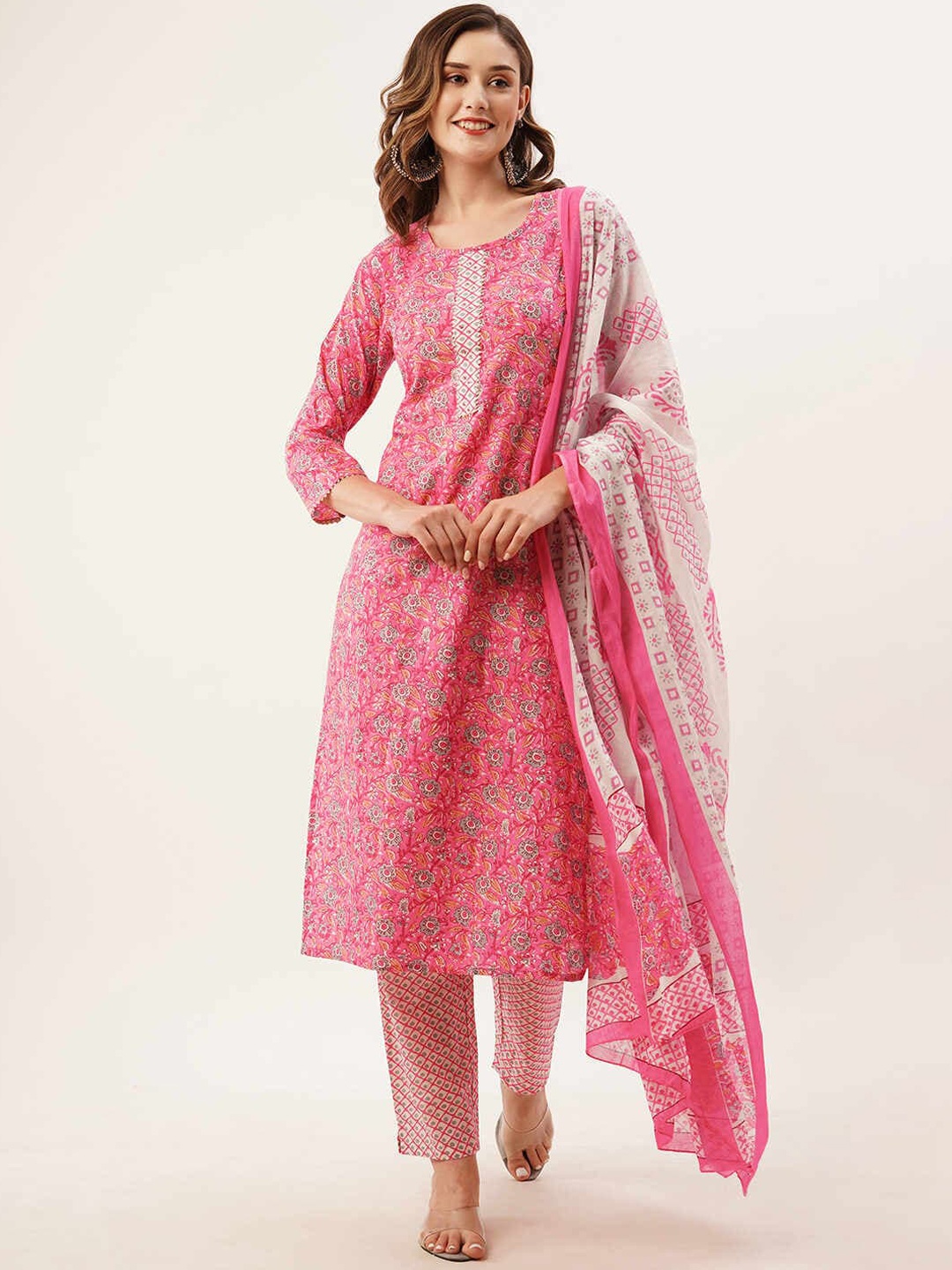 

ZOLA Pink Ethnic Motifs Printed Pure Cotton Kurta With Trousers & Dupatta