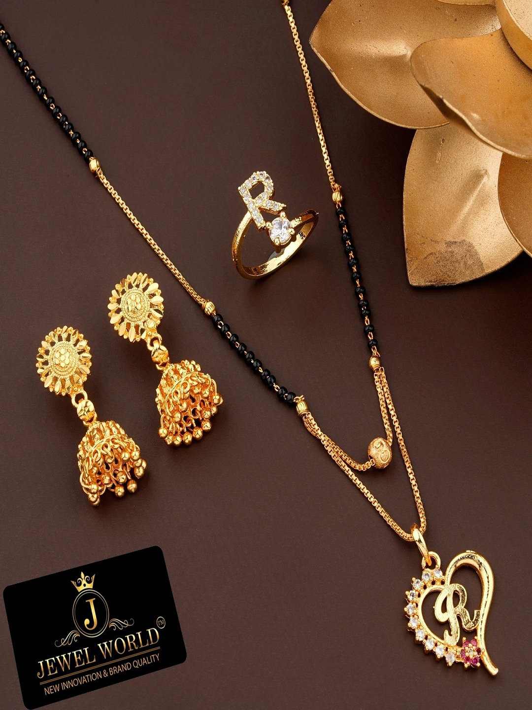 

JEWEL WORLD Set Of 3 Gold-Plated Stone Studded & Beaded Mangalsutra With Ring