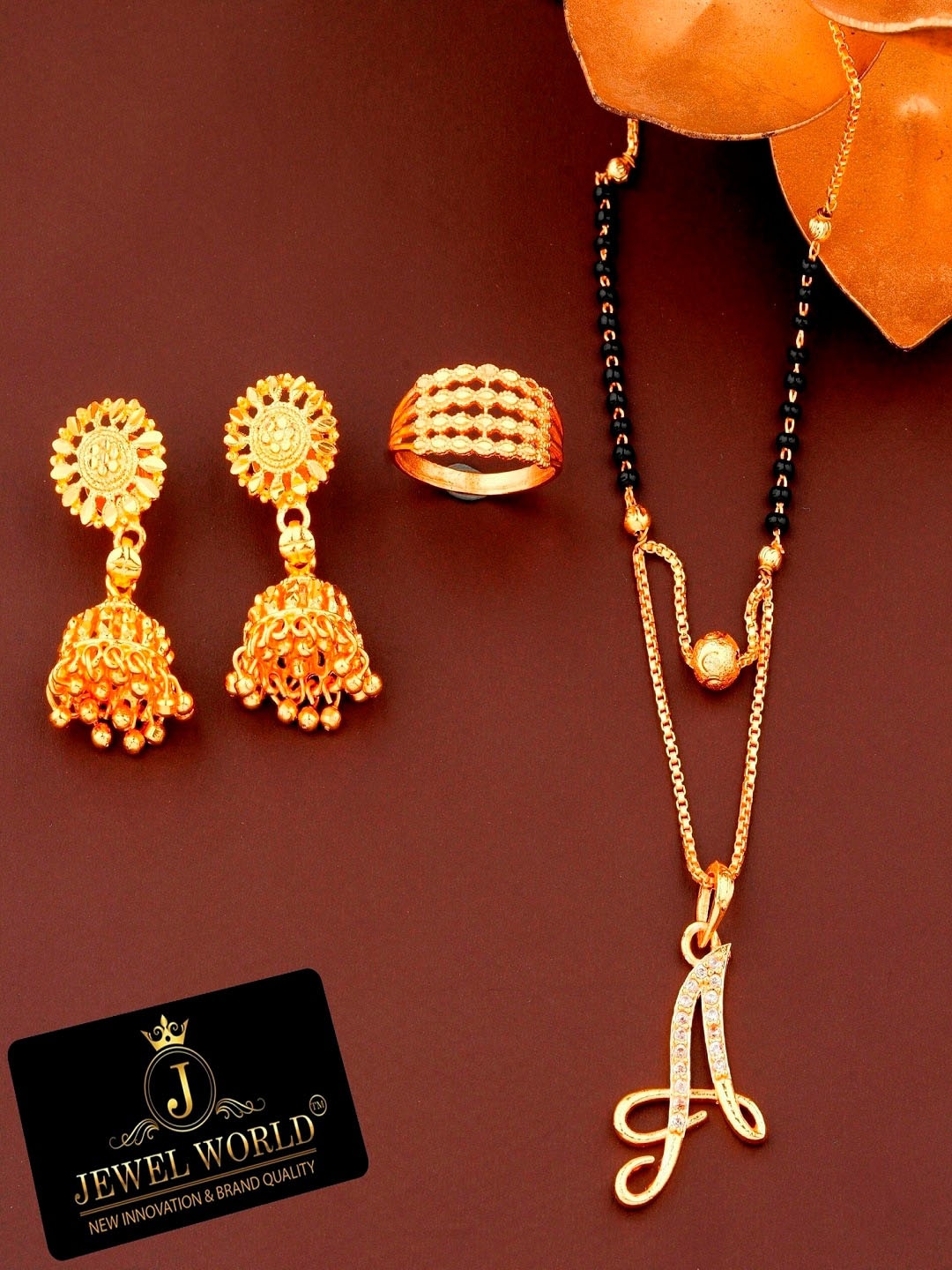 

JEWEL WORLD Set Of 3 Gold-Plated Stone Studded & Beaded Mangalsutra Set