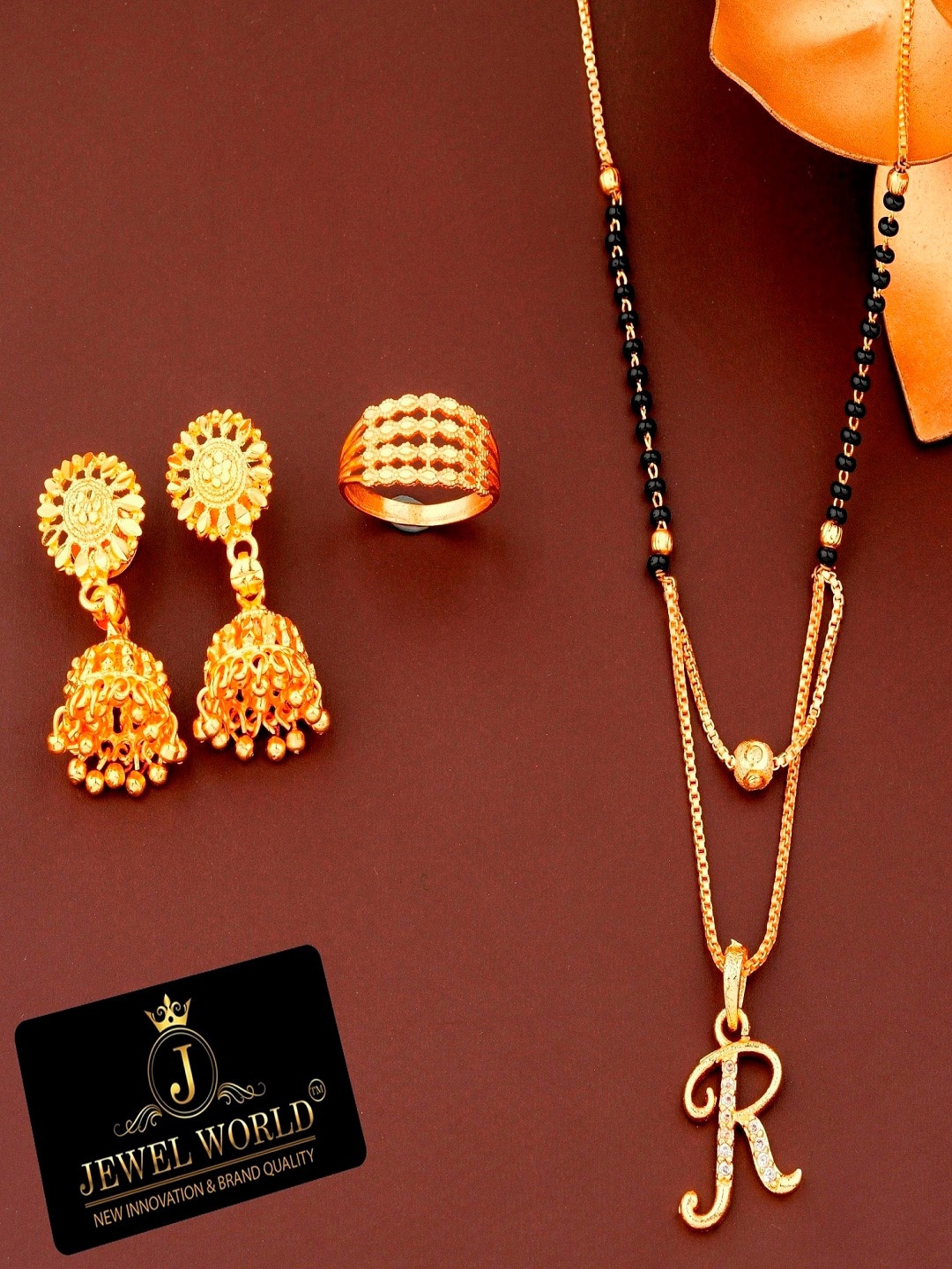 

JEWEL WORLD Set Of 3 Gold-Plated Stone Studded & Beaded Mangalsutra With Ring