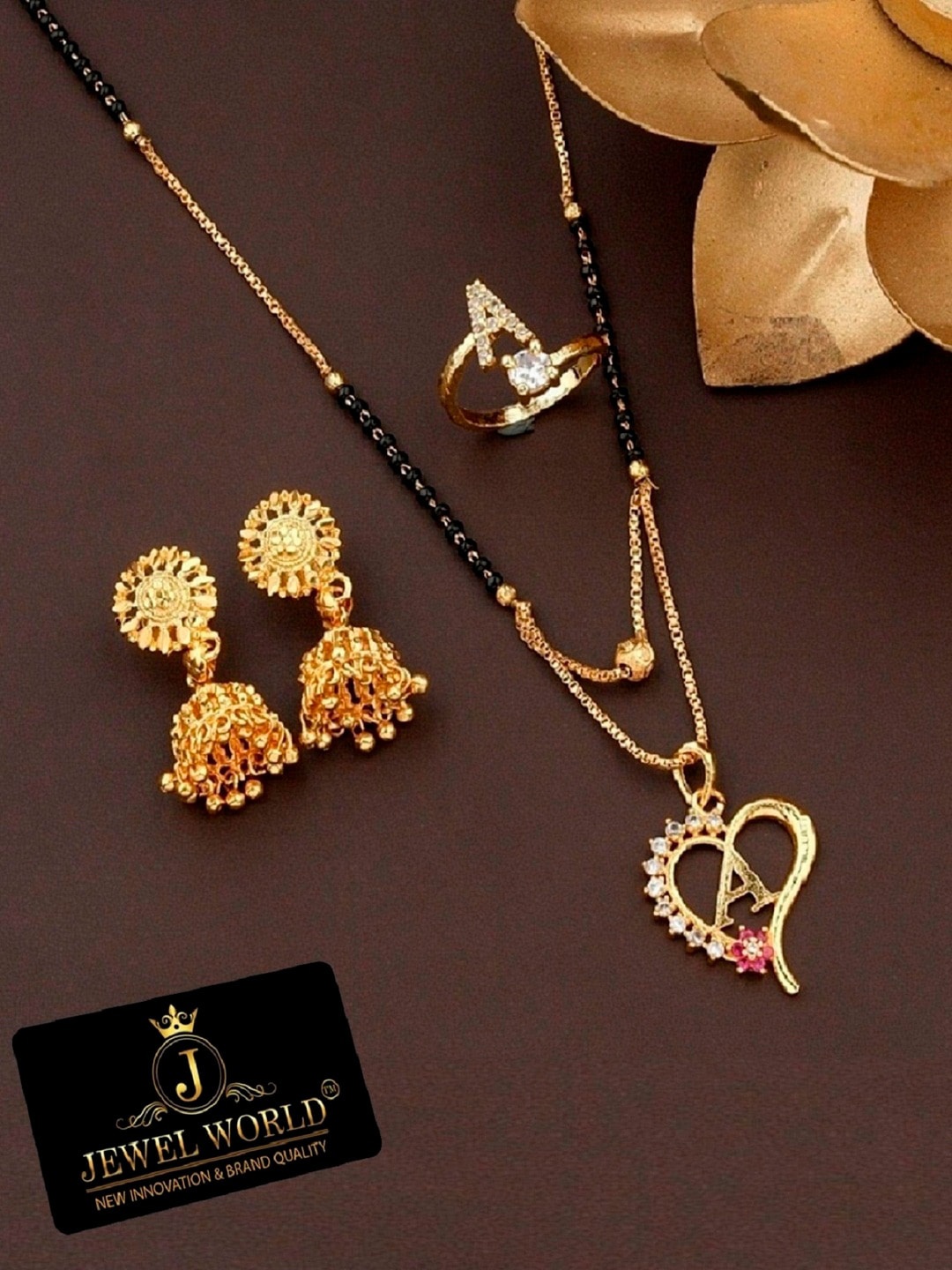 

JEWEL WORLD Set Of 3 Gold-Plated Stone Studded & Beaded Mangalsutra With Ring