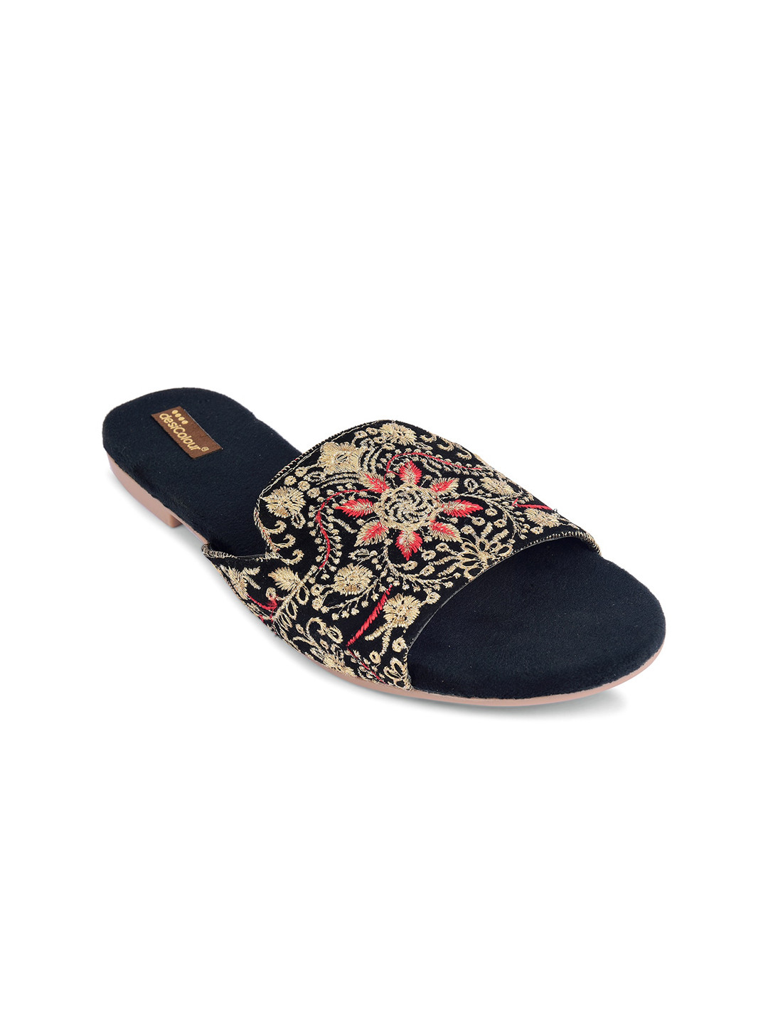 

DESI COLOUR Women Embroidered Ethnic Open Toe Flats, Black