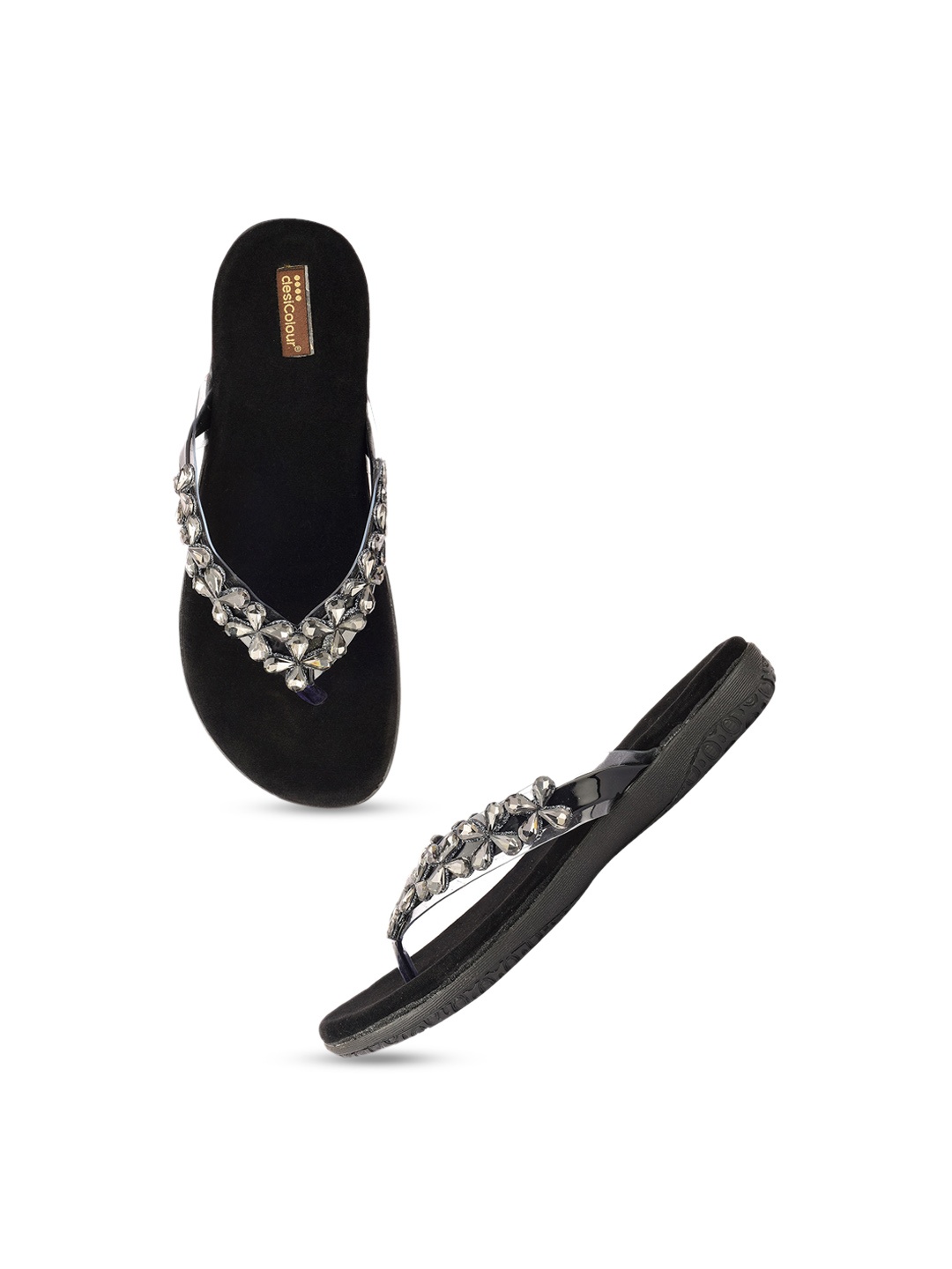 

DESI COLOUR Embellished Ethnic T-Strap Flats, Black