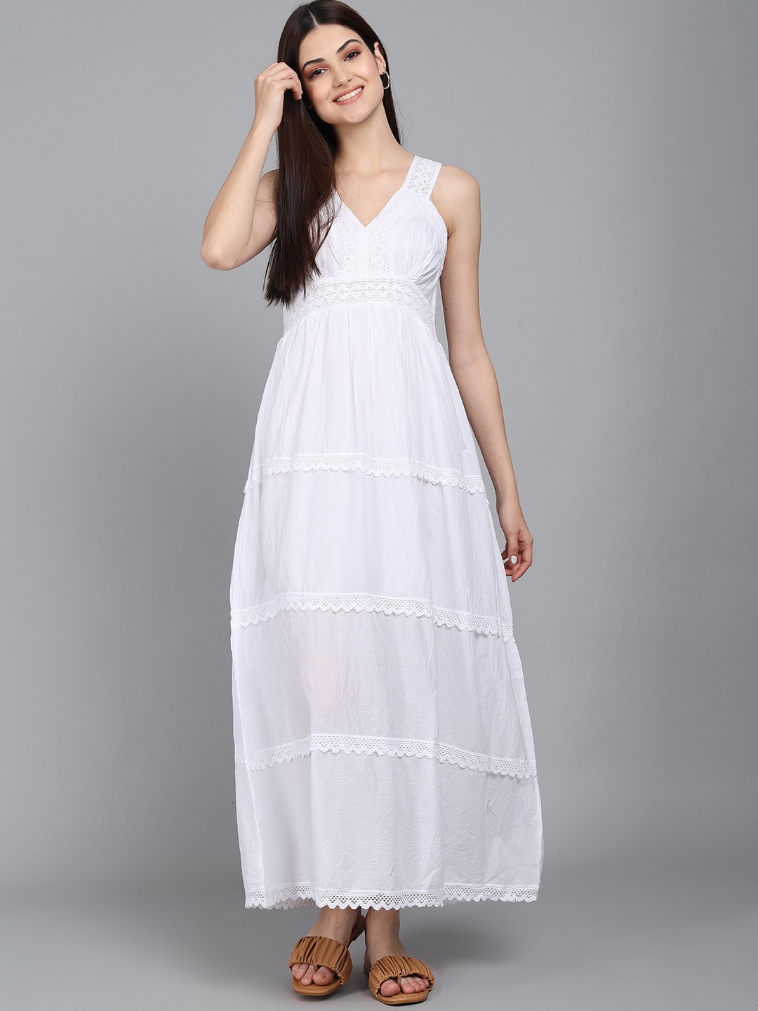 

BAESD Shoulder Straps Smocked Laced Tiered Maxi Dress, White