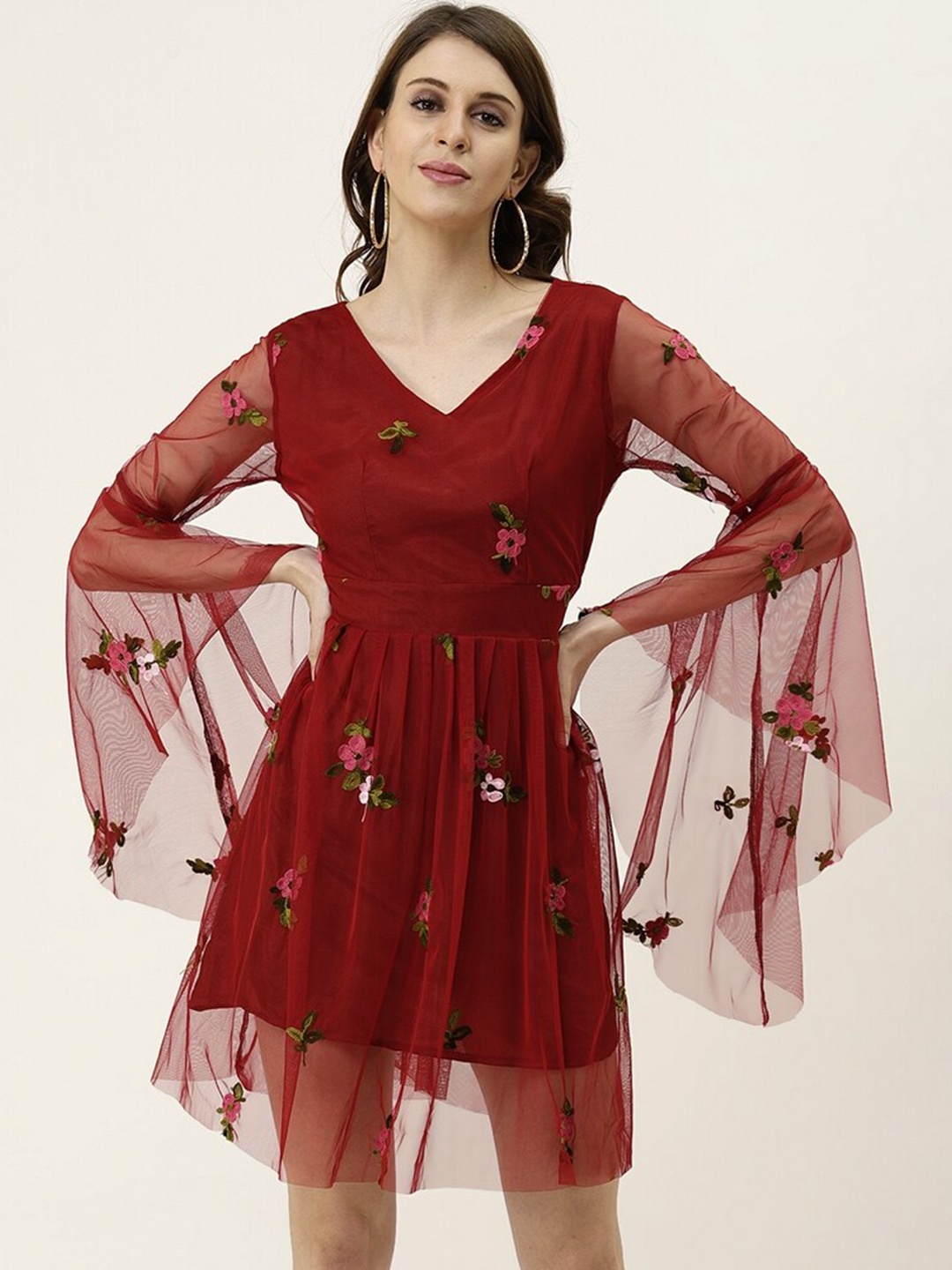 

BAESD Floral Embroidered Bell Sleeves Pleated Fit & Flare Dress, Maroon