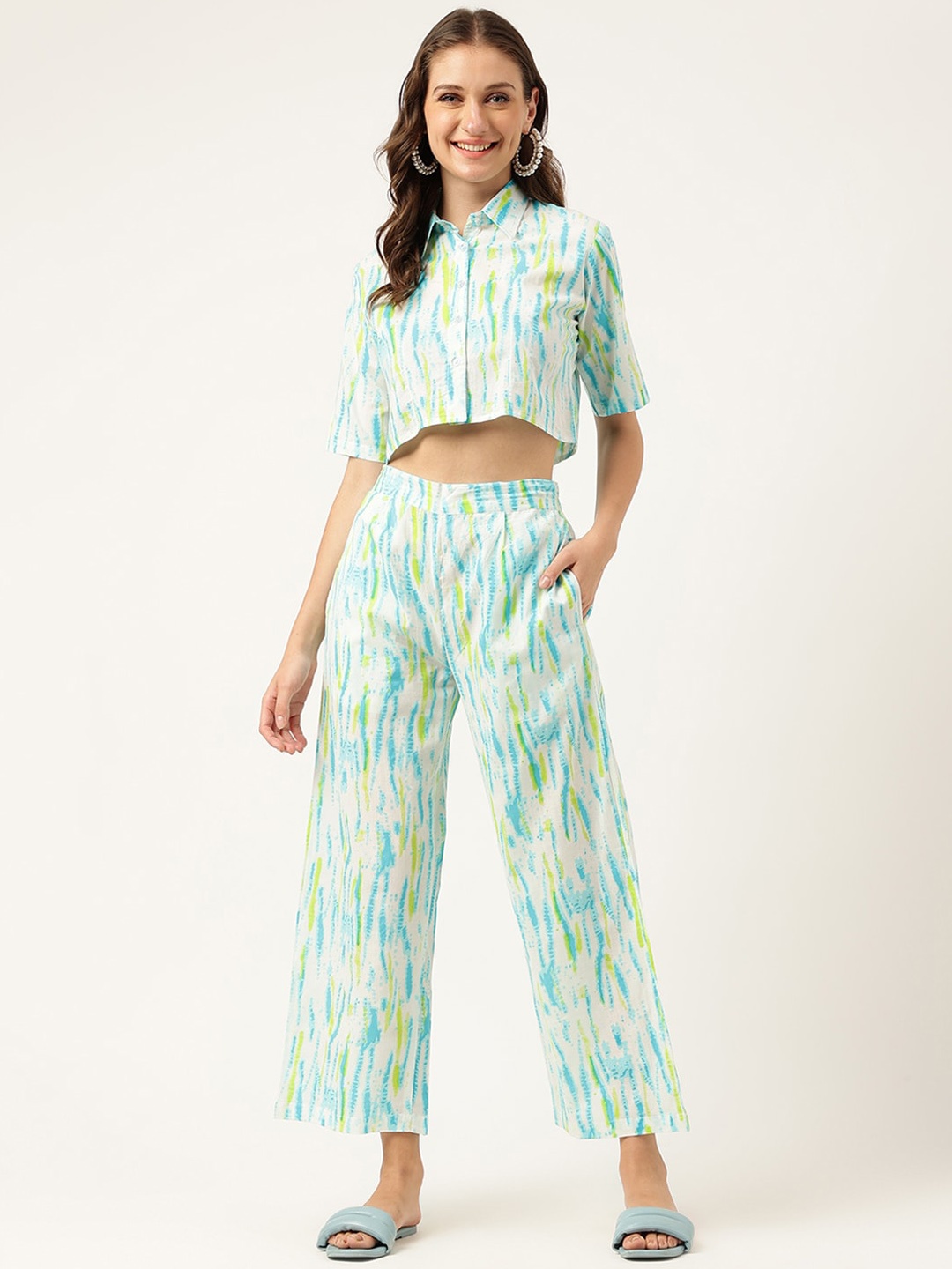 

Divena Tie And Dye Pure Cotton Shirt With Trousers, White