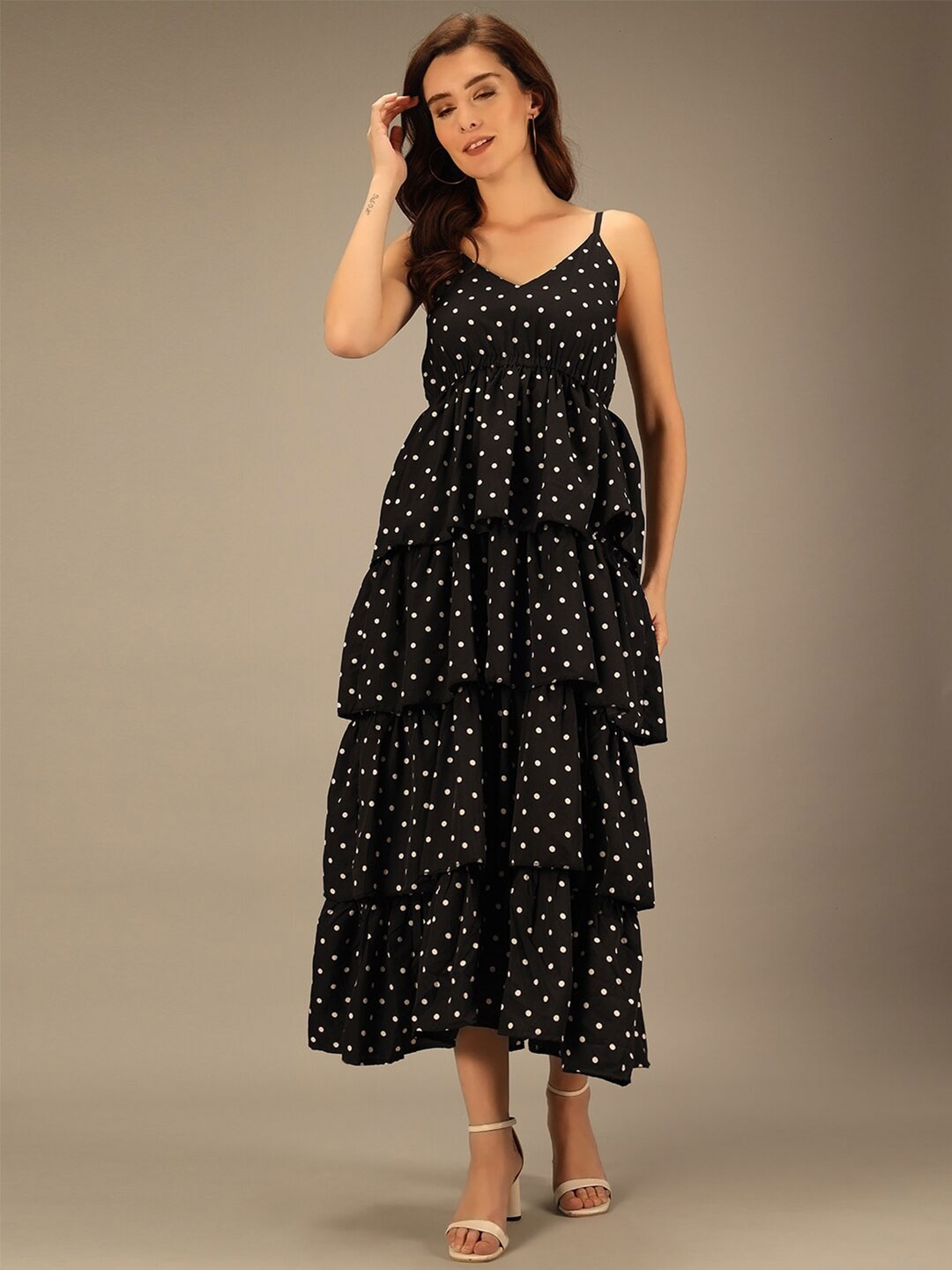 

BAESD Polka Dot Printed Layered Casual Midi Dress, Black