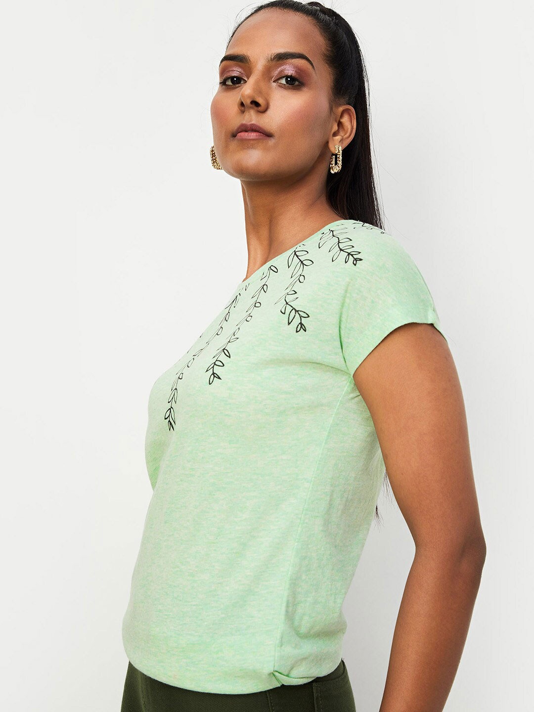 

max Tropical Printed Extended Sleeves Pure Cotton T-shirt, Green